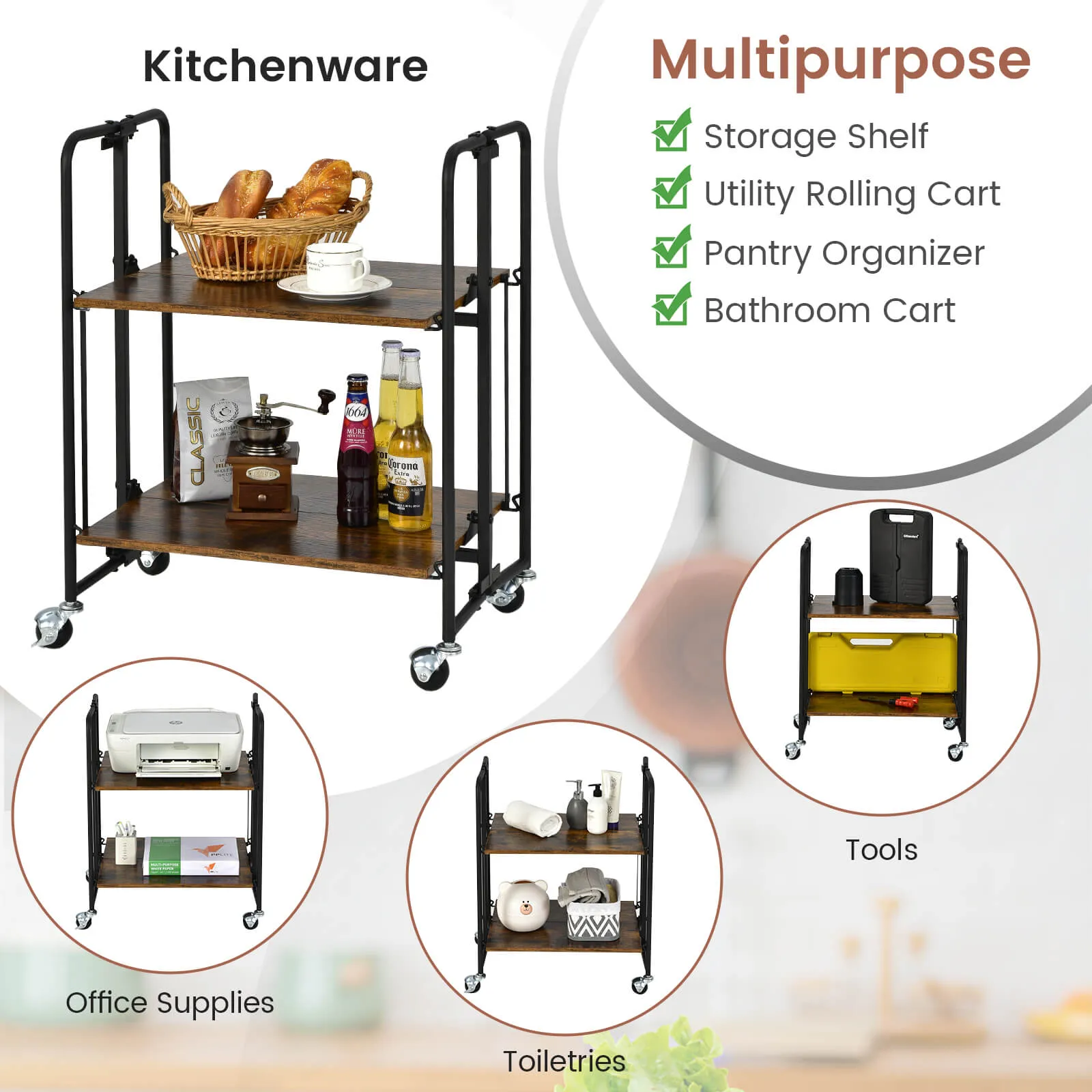 2-Tier Folding Kitchen Island Cart with Metal Frame
