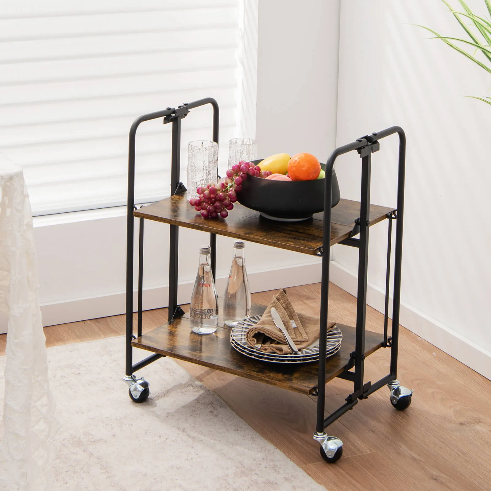 2-Tier Folding Kitchen Island Cart with Metal Frame