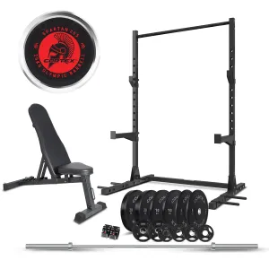 Adjustable Squat Rack with Bar, Bench & 100kg Weights Set