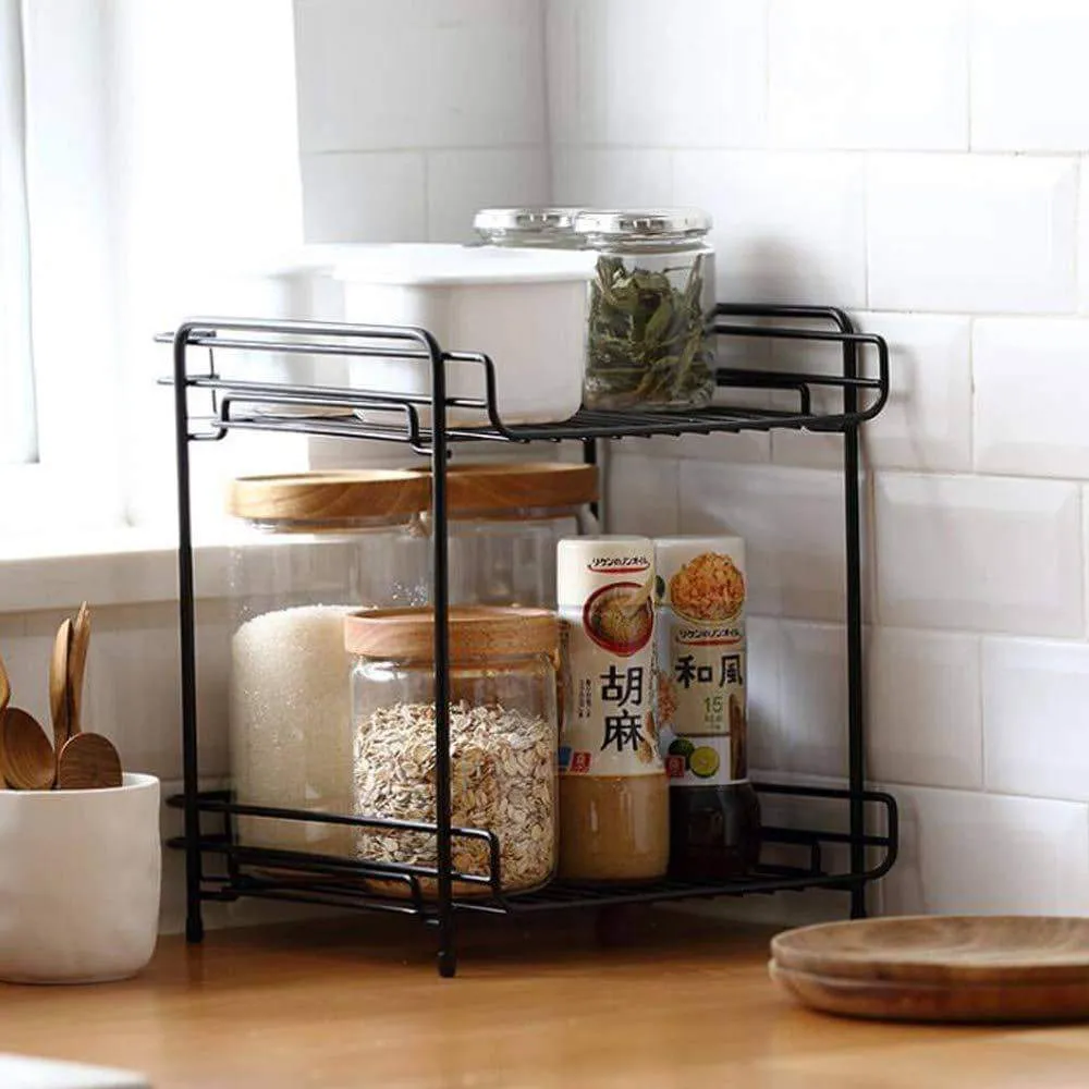 AIYoo 2-Tier Black Metal Bathroom Standing Storage Organizer Countertop Kitchen Condiment Shelf Rack for Spice Cans Jars Bottle Shelf Holder Rack