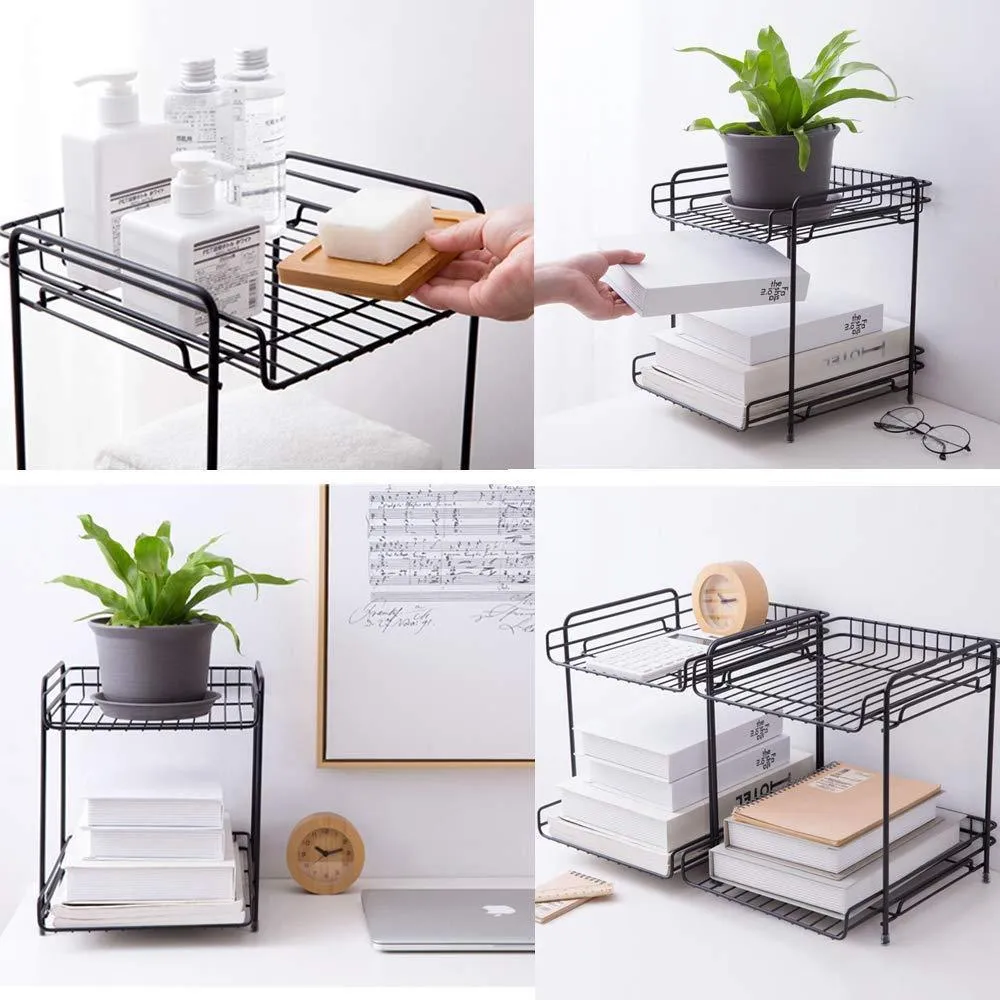 AIYoo 2-Tier Black Metal Bathroom Standing Storage Organizer Countertop Kitchen Condiment Shelf Rack for Spice Cans Jars Bottle Shelf Holder Rack