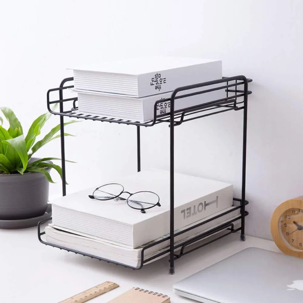 AIYoo 2-Tier Black Metal Bathroom Standing Storage Organizer Countertop Kitchen Condiment Shelf Rack for Spice Cans Jars Bottle Shelf Holder Rack