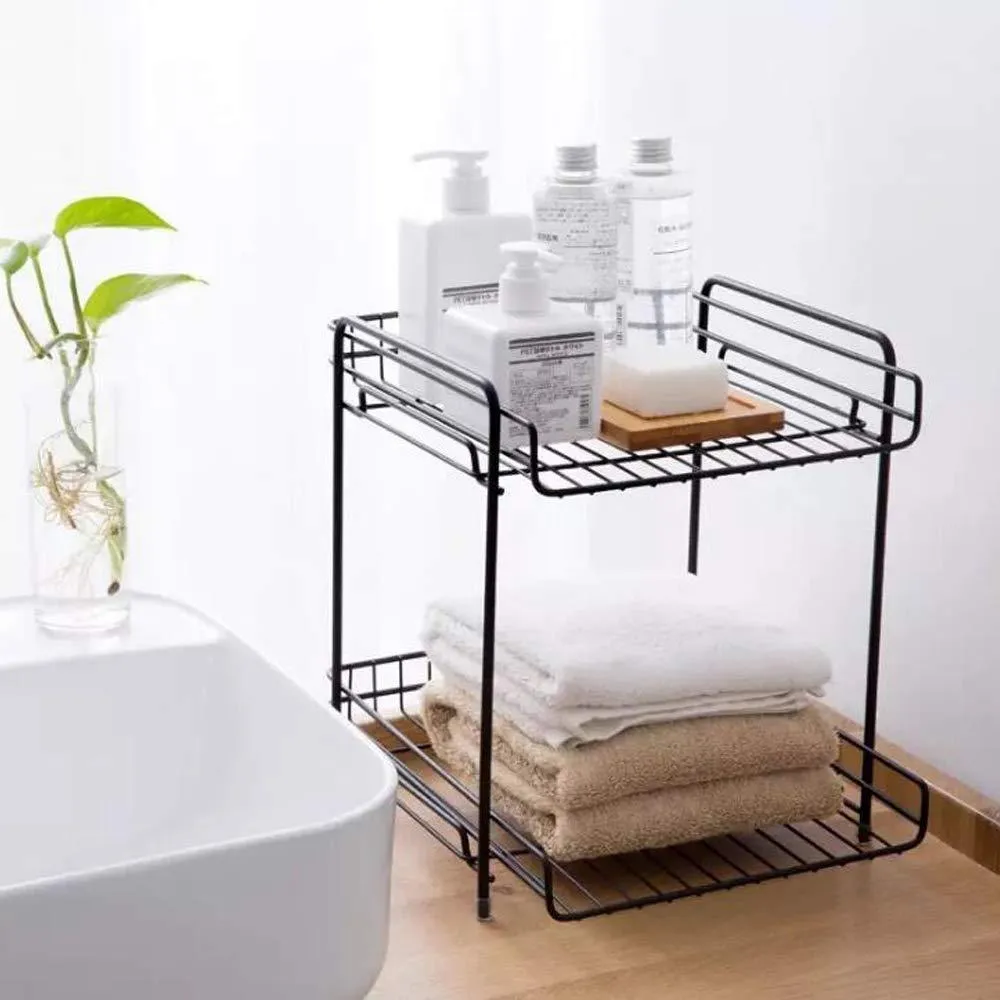 AIYoo 2-Tier Black Metal Bathroom Standing Storage Organizer Countertop Kitchen Condiment Shelf Rack for Spice Cans Jars Bottle Shelf Holder Rack