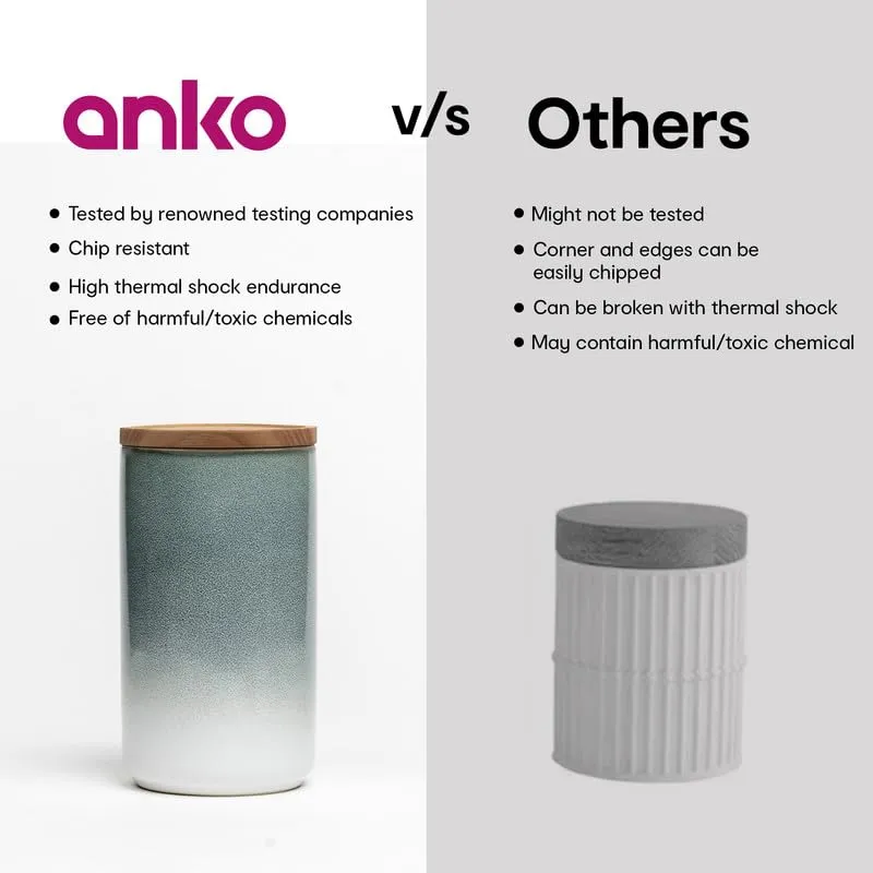 Anko 1L Stoneware Ceramic Jars for Kitchen Storage | Airtight Container Set for Kitchen with Rubberwood Lid & Silicone Ring | Kitchen Container for Snacks, Tea, Sugar | Grey | Set of 2