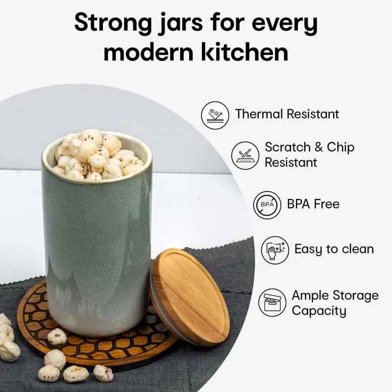 Anko 1L Stoneware Ceramic Jars for Kitchen Storage | Airtight Container Set for Kitchen with Rubberwood Lid & Silicone Ring | Kitchen Container for Snacks, Tea, Sugar | Grey | Set of 2