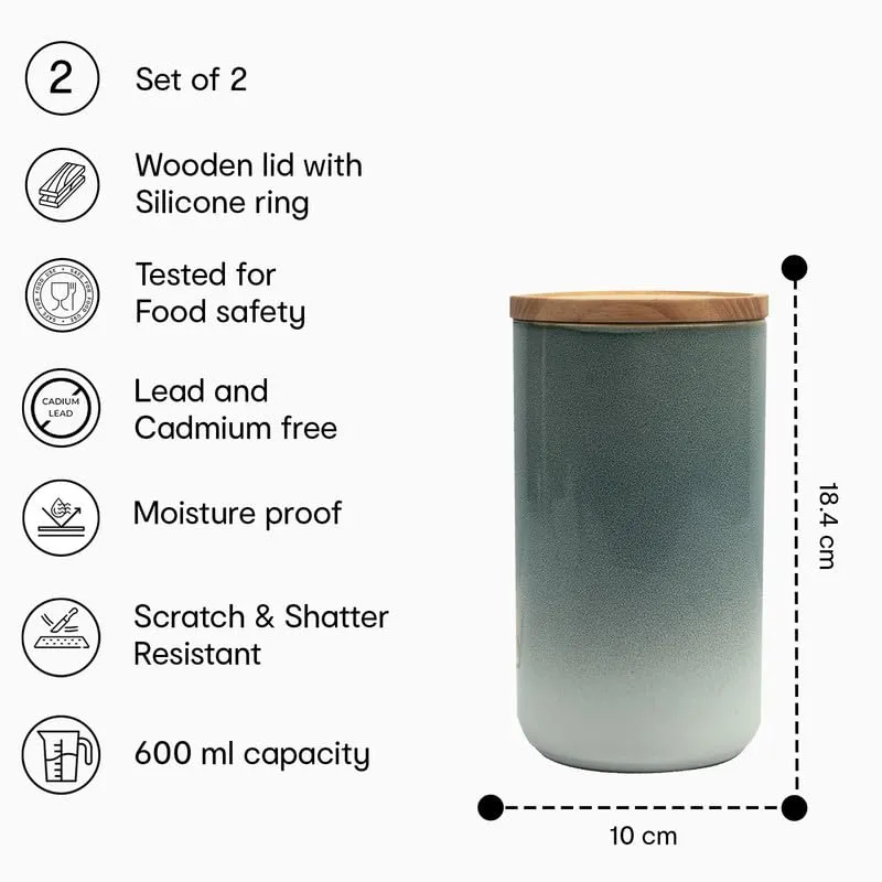 Anko 1L Stoneware Ceramic Jars for Kitchen Storage | Airtight Container Set for Kitchen with Rubberwood Lid & Silicone Ring | Kitchen Container for Snacks, Tea, Sugar | Grey | Set of 2