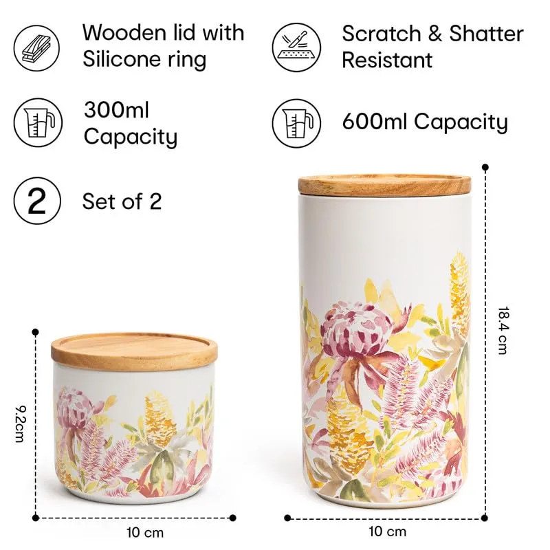 Anko 300 & 600ml Stoneware Ceramic Jars for Kitchen Storage | Airtight Container Set for Kitchen with Rubberwood Lid & Silicone Ring | Kitchen Container for Snacks, Tea, Sugar | Floral | Set of 2
