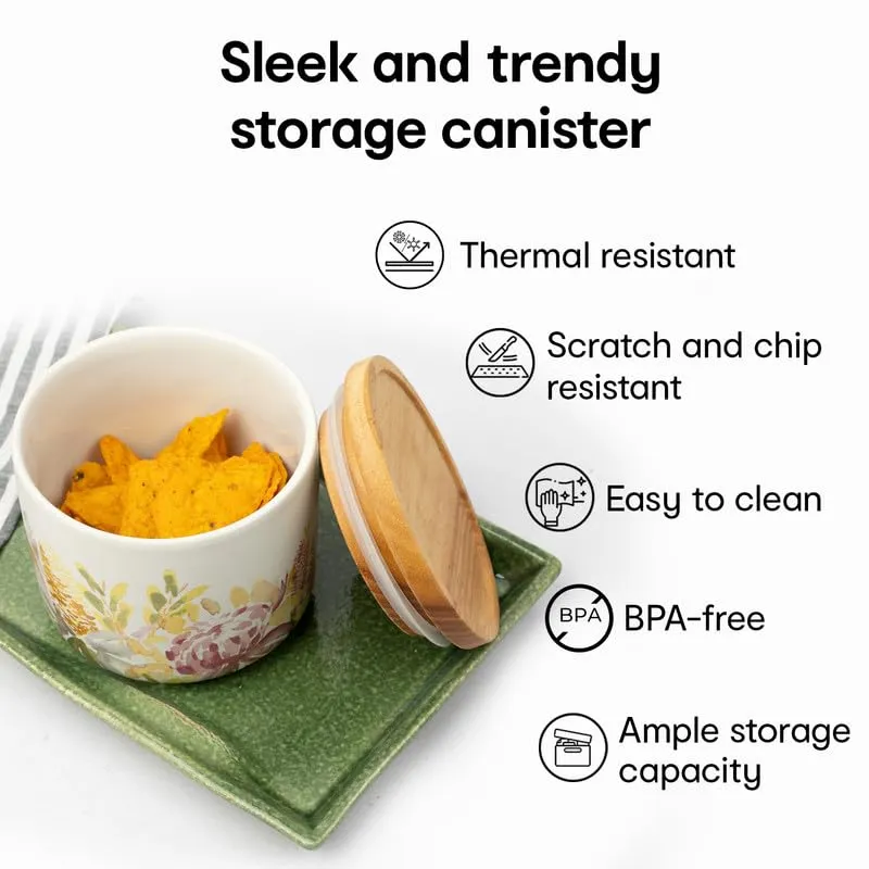 Anko 300 & 600ml Stoneware Ceramic Jars for Kitchen Storage | Airtight Container Set for Kitchen with Rubberwood Lid & Silicone Ring | Kitchen Container for Snacks, Tea, Sugar | Floral | Set of 2