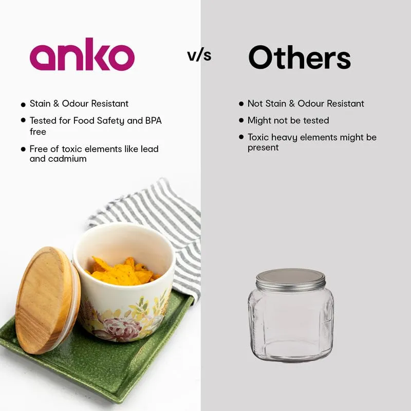Anko 300 & 600ml Stoneware Ceramic Jars for Kitchen Storage | Airtight Container Set for Kitchen with Rubberwood Lid & Silicone Ring | Kitchen Container for Snacks, Tea, Sugar | Floral | Set of 2