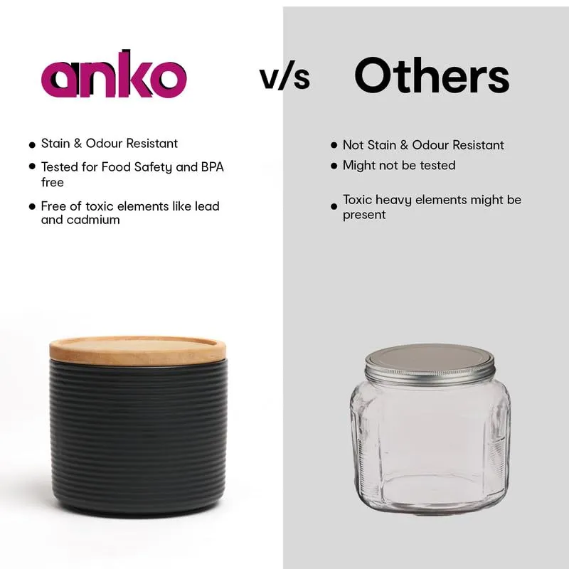 Anko 300ml Stoneware Ceramic Jars for Kitchen Storage | Airtight Container Set for Kitchen with Rubberwood Lid & Silicone Ring | Kitchen Container for Snacks, Tea, Sugar | Black | Set of 4