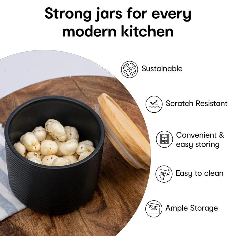 Anko 300ml Stoneware Ceramic Jars for Kitchen Storage | Airtight Container Set for Kitchen with Rubberwood Lid & Silicone Ring | Kitchen Container for Snacks, Tea, Sugar | Black | Set of 4