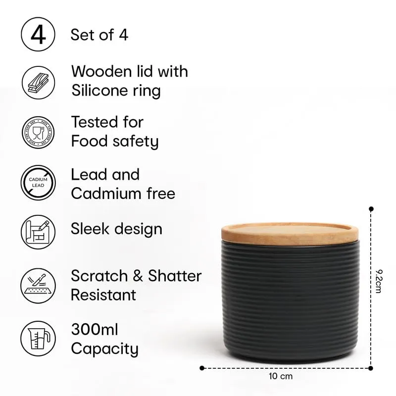 Anko 300ml Stoneware Ceramic Jars for Kitchen Storage | Airtight Container Set for Kitchen with Rubberwood Lid & Silicone Ring | Kitchen Container for Snacks, Tea, Sugar | Black | Set of 4