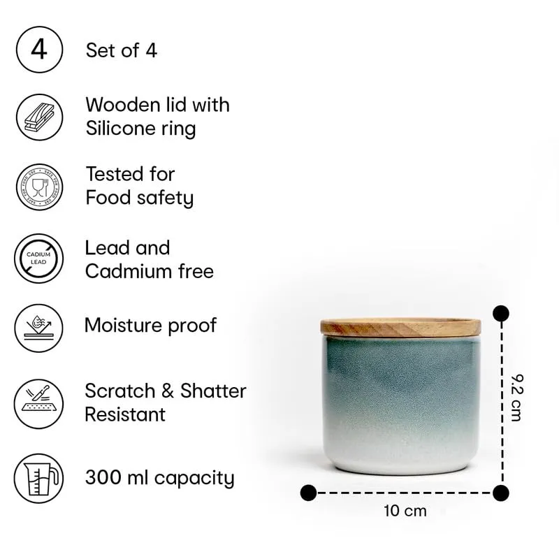 Anko 300ml Stoneware Ceramic Jars for Kitchen Storage | Container Set for Kitchen with Rubberwood Lid & Silicone Ring | Kitchen Container for Snacks, Tea, Sugar | Grey | Set of 4
