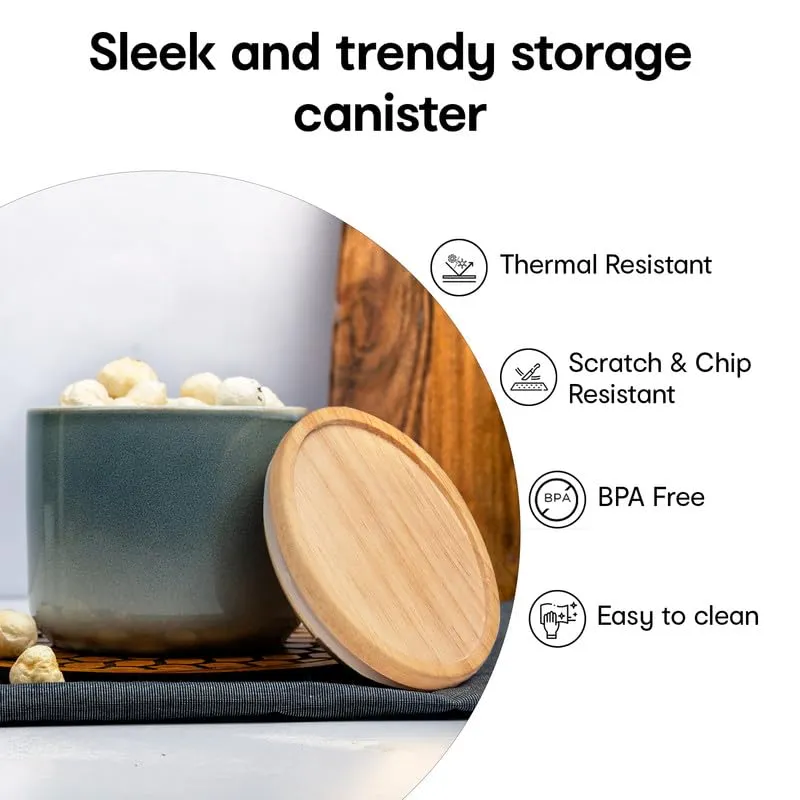 Anko 300ml Stoneware Ceramic Jars for Kitchen Storage | Container Set for Kitchen with Rubberwood Lid & Silicone Ring | Kitchen Container for Snacks, Tea, Sugar | Grey | Set of 4
