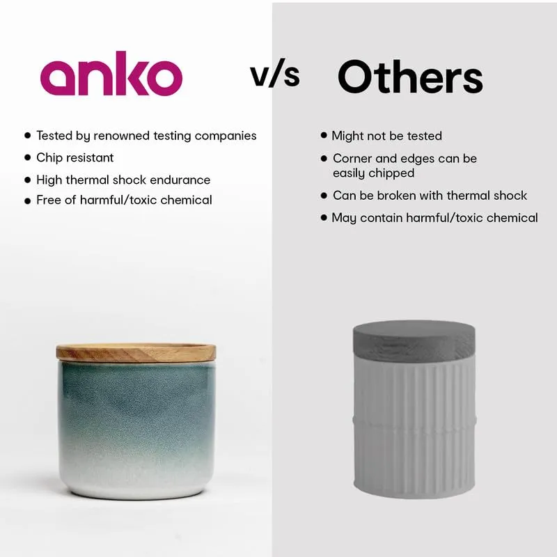 Anko 300ml Stoneware Ceramic Jars for Kitchen Storage | Container Set for Kitchen with Rubberwood Lid & Silicone Ring | Kitchen Container for Snacks, Tea, Sugar | Grey | Set of 4