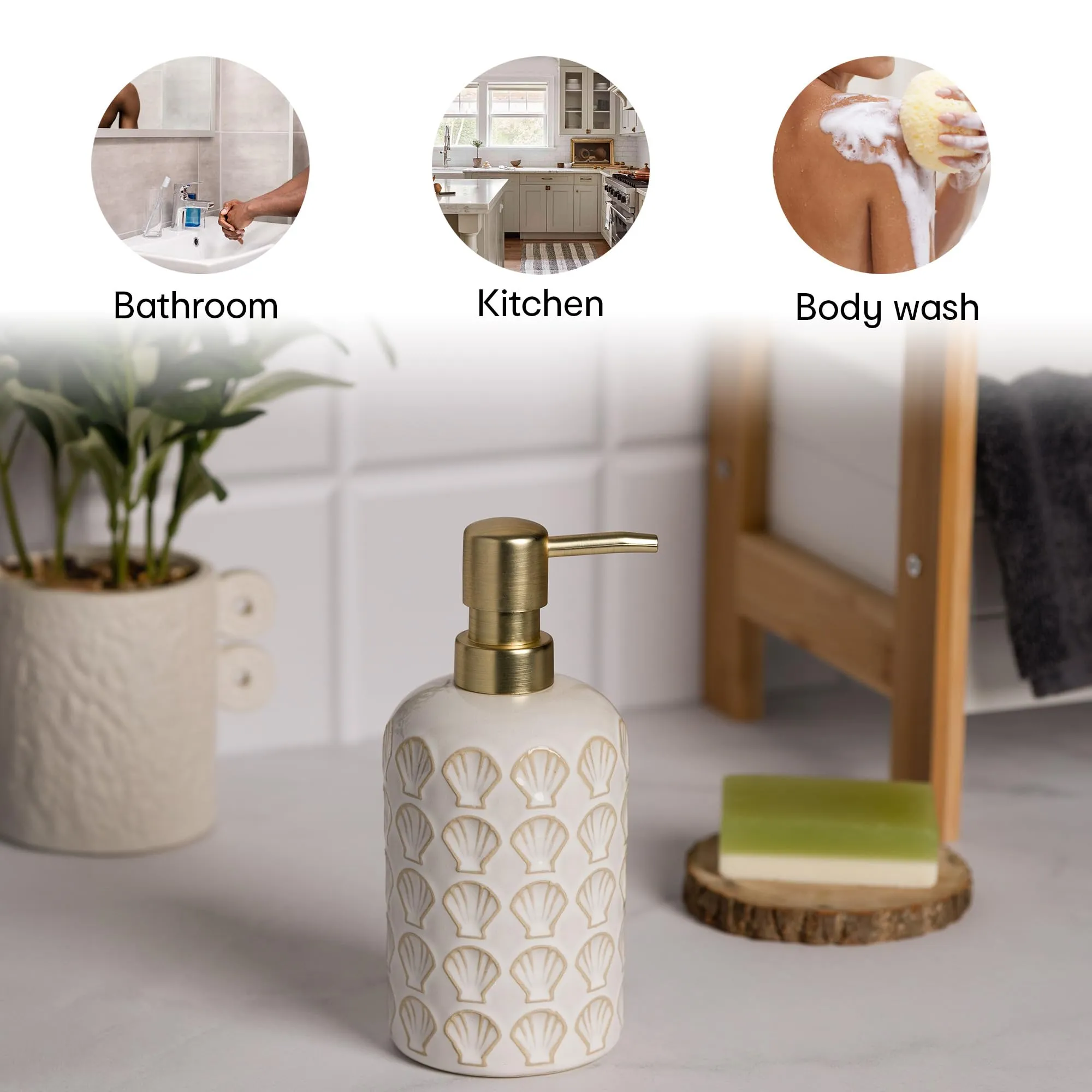 Anko Ceramic, Bamboo & Plastic Soap Dispenser | Rust-Proof, Leak-Proof, Moisture-Resistant | Matte Finish, Easy to Clean (White Shell)
