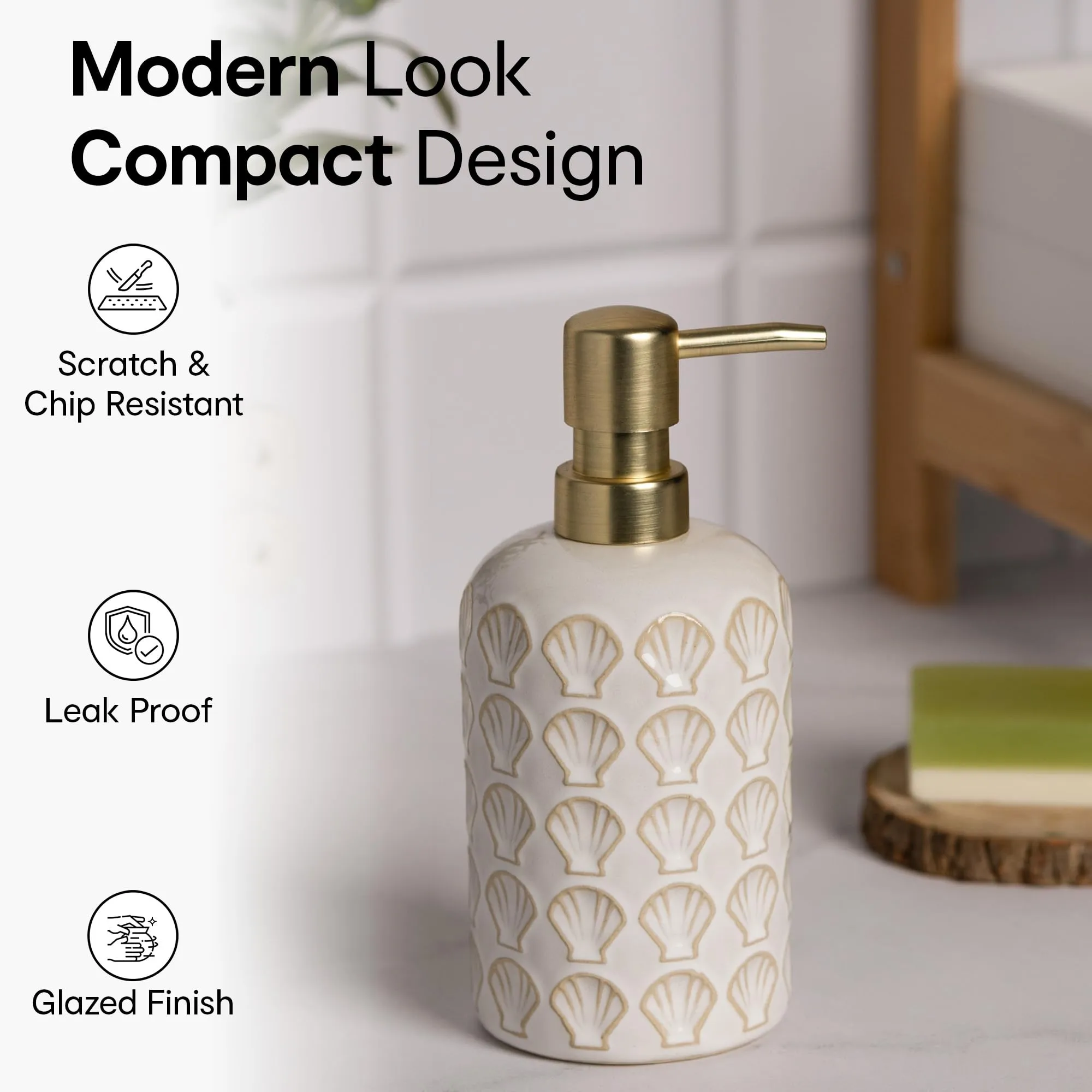 Anko Ceramic, Bamboo & Plastic Soap Dispenser | Rust-Proof, Leak-Proof, Moisture-Resistant | Matte Finish, Easy to Clean (White Shell)