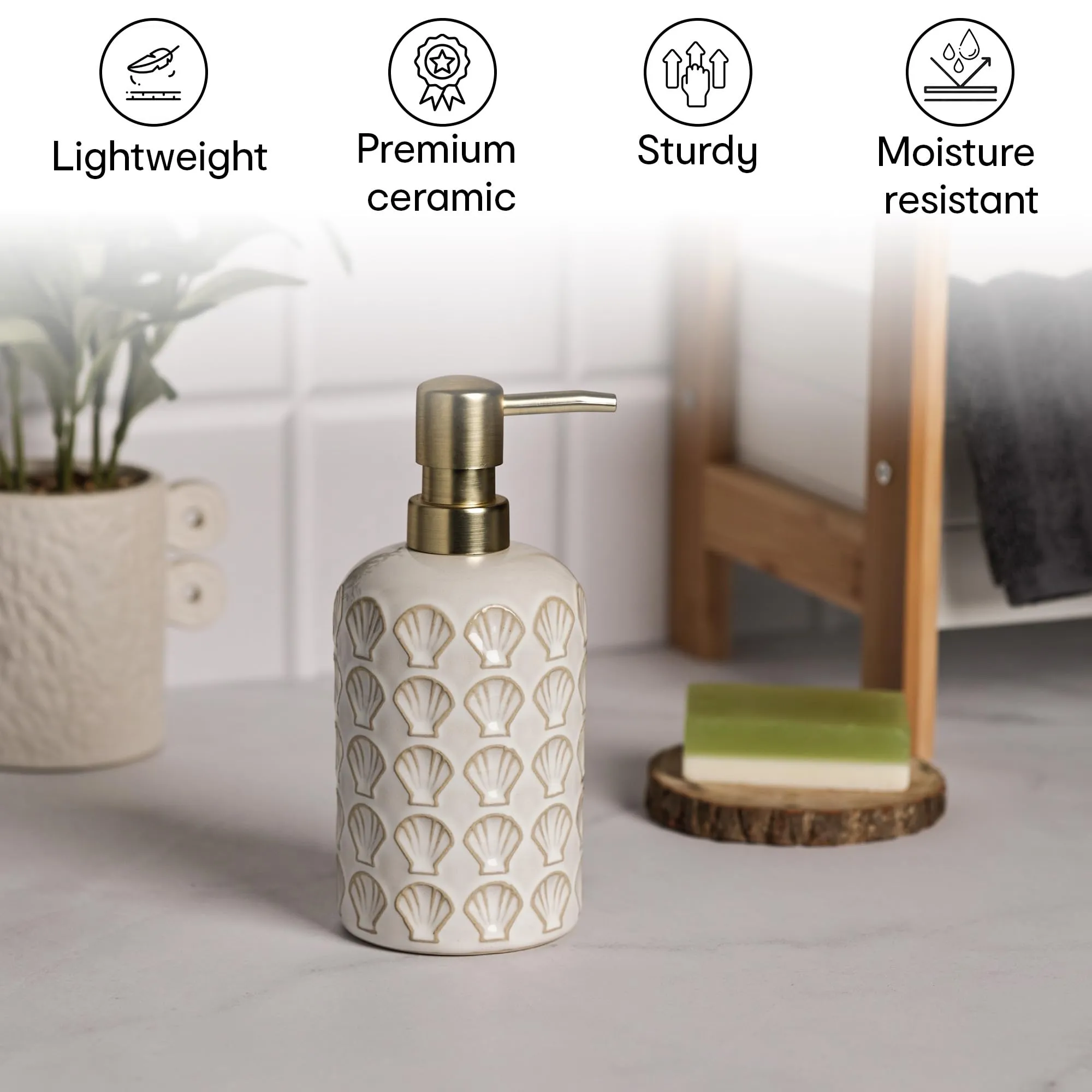 Anko Ceramic, Bamboo & Plastic Soap Dispenser | Rust-Proof, Leak-Proof, Moisture-Resistant | Matte Finish, Easy to Clean (White Shell)
