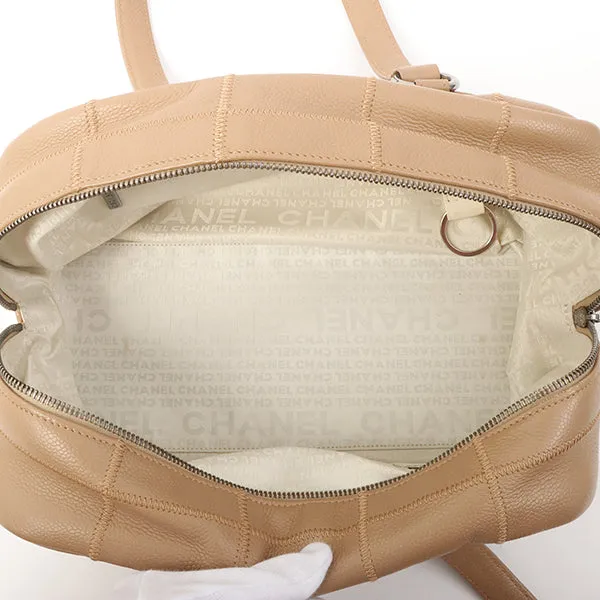 Chanel Around 2005 Caviar Skin Chocolate Bag Cutout Logo Plate Shoulder Bag Smoky Beige