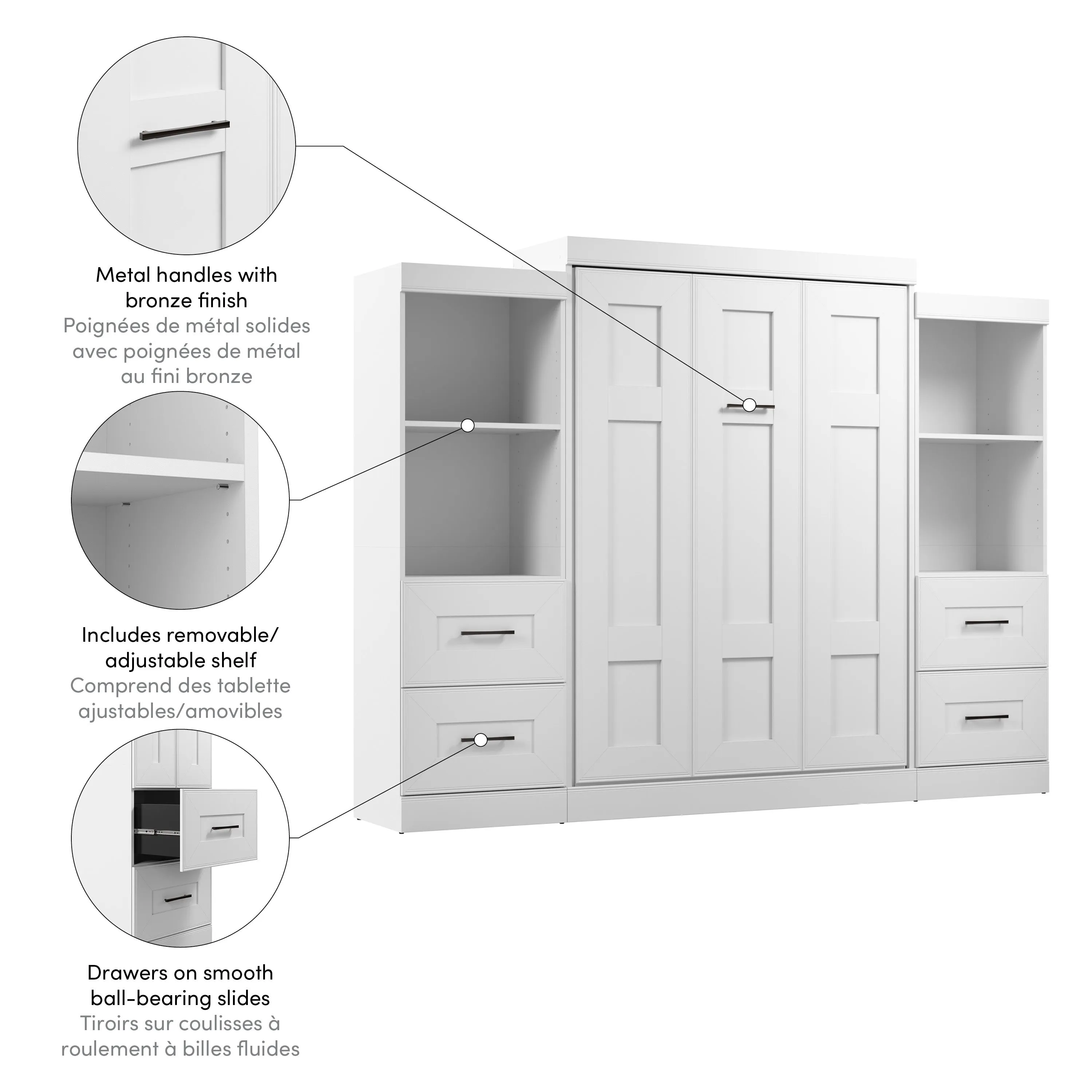 Edge Full Murphy Wall Bed and Closet Organizers with Drawers in White