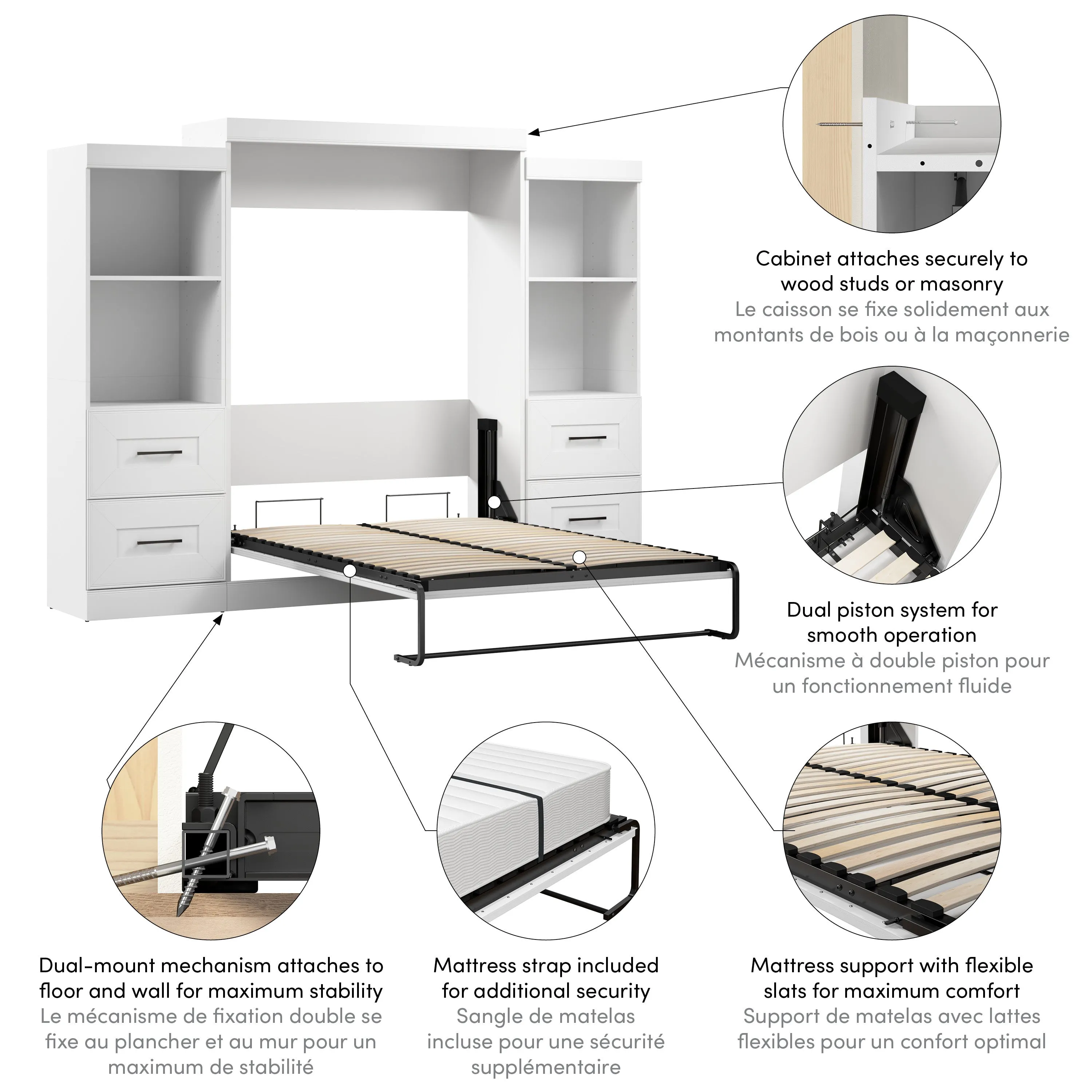 Edge Full Murphy Wall Bed and Closet Organizers with Drawers in White