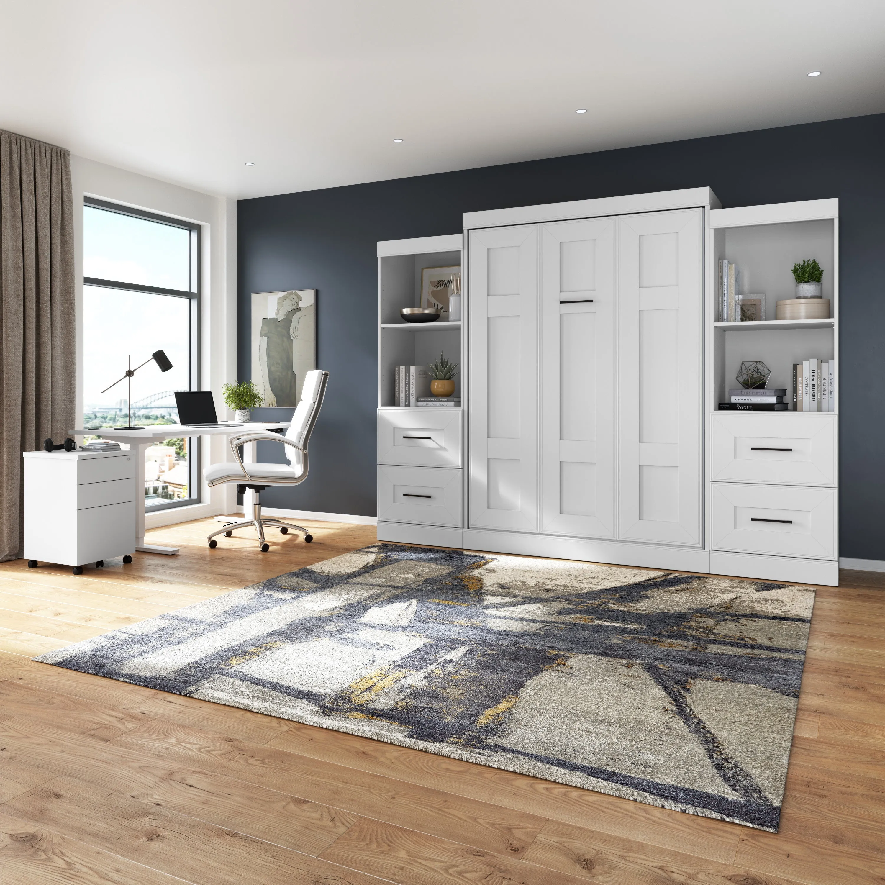 Edge Full Murphy Wall Bed and Closet Organizers with Drawers in White