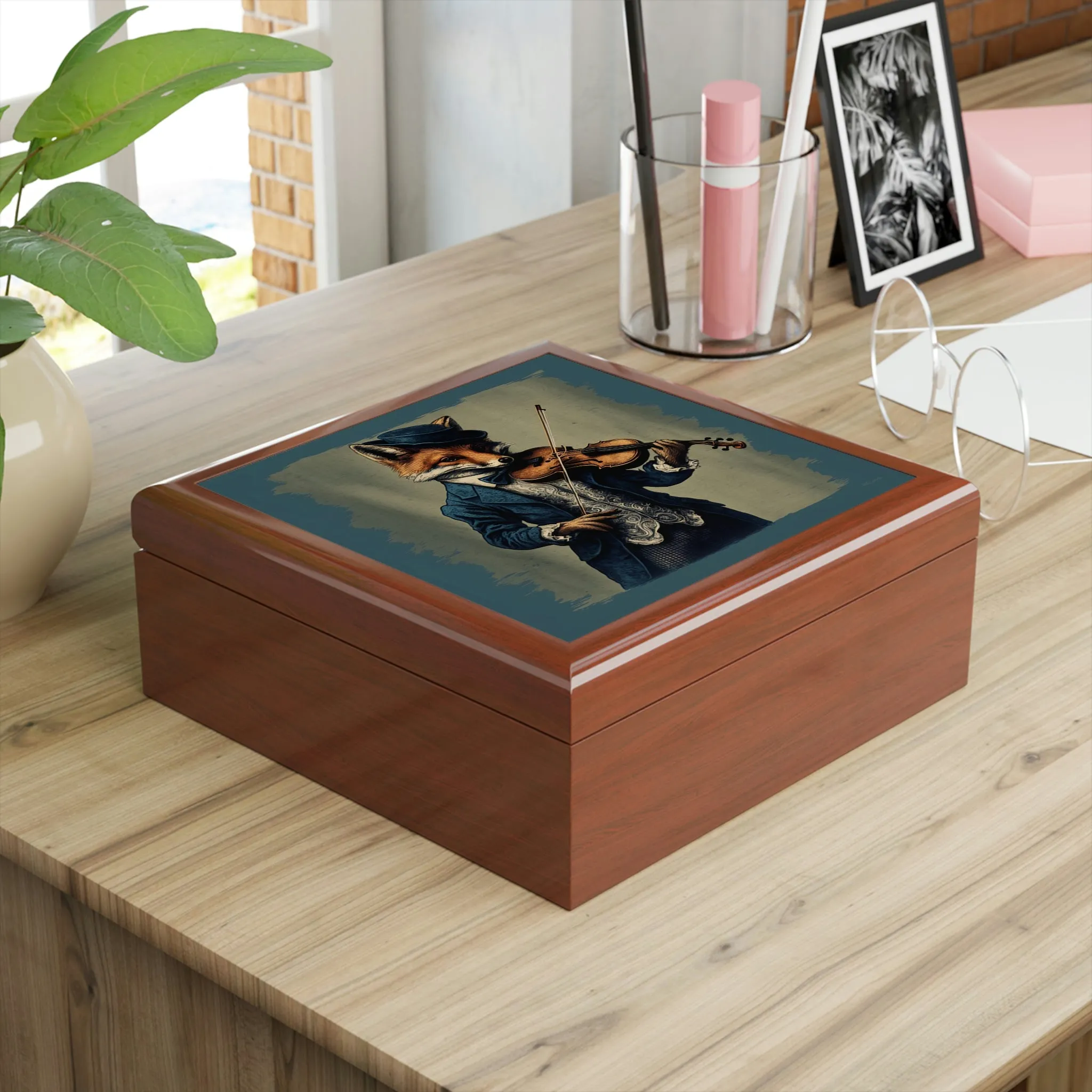 Fox Playing Violin Wood Keepsake Jewelry Box with Ceramic Tile Cover