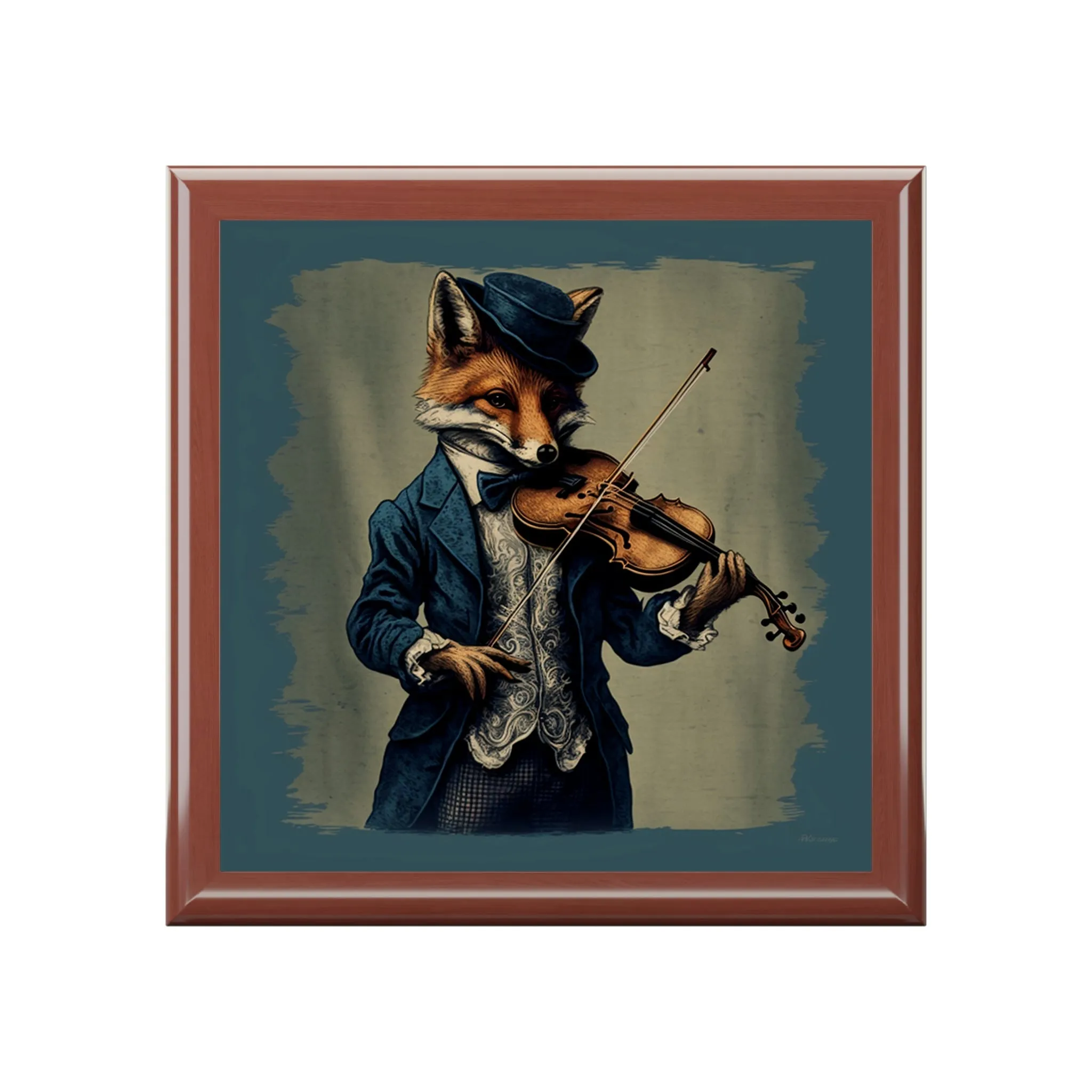 Fox Playing Violin Wood Keepsake Jewelry Box with Ceramic Tile Cover