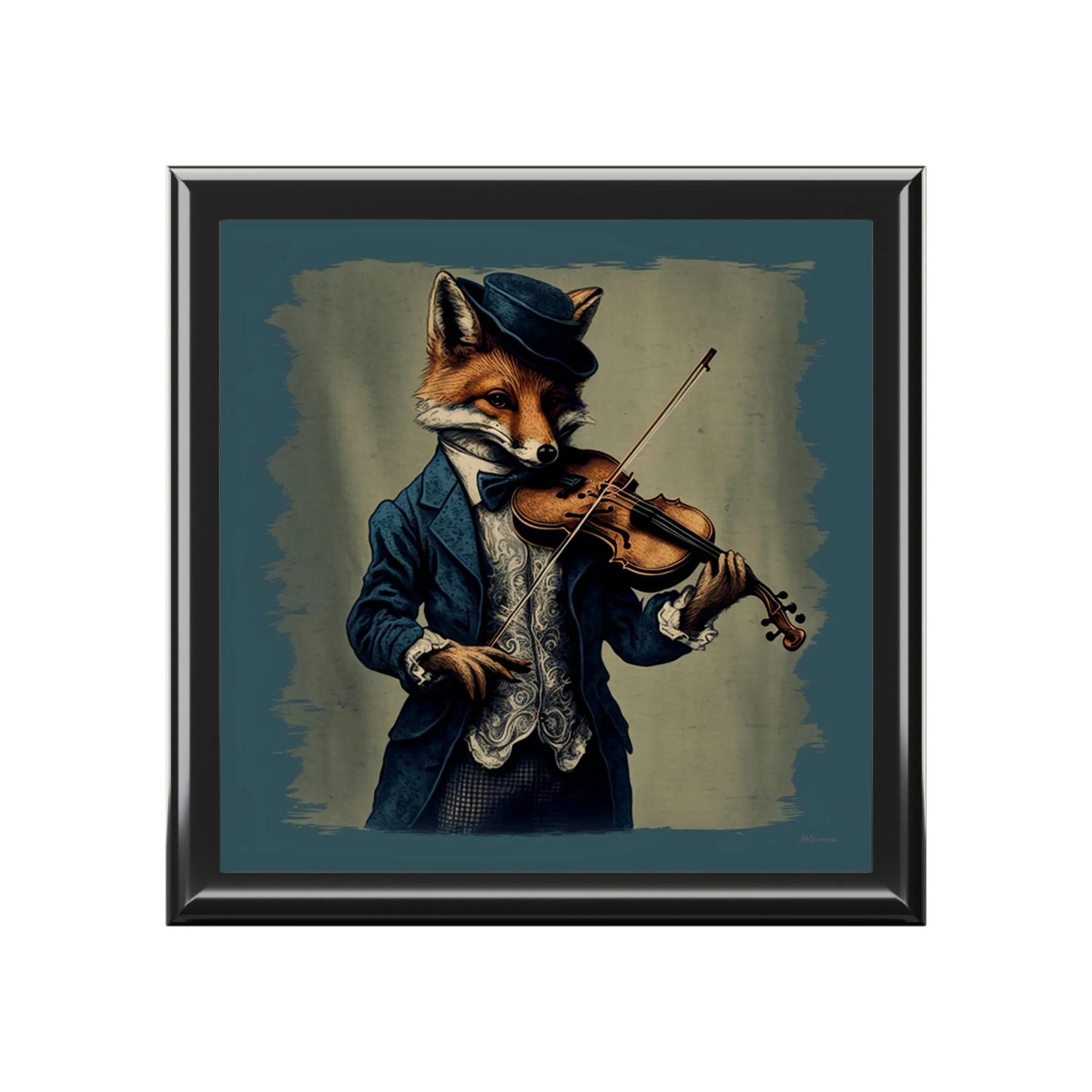 Fox Playing Violin Wood Keepsake Jewelry Box with Ceramic Tile Cover