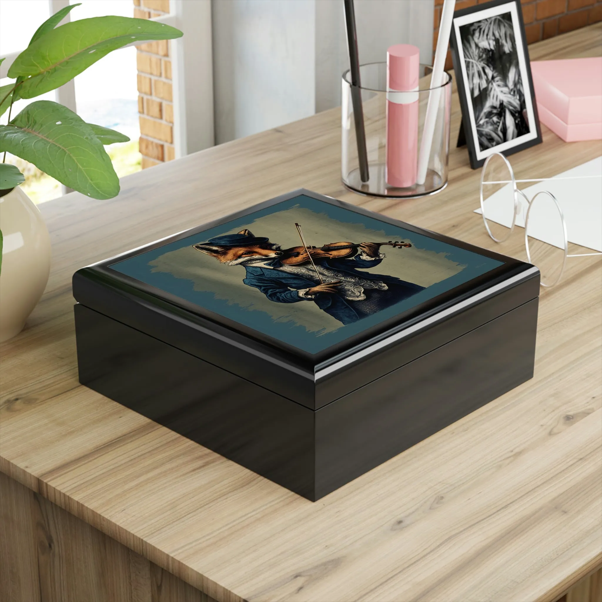 Fox Playing Violin Wood Keepsake Jewelry Box with Ceramic Tile Cover