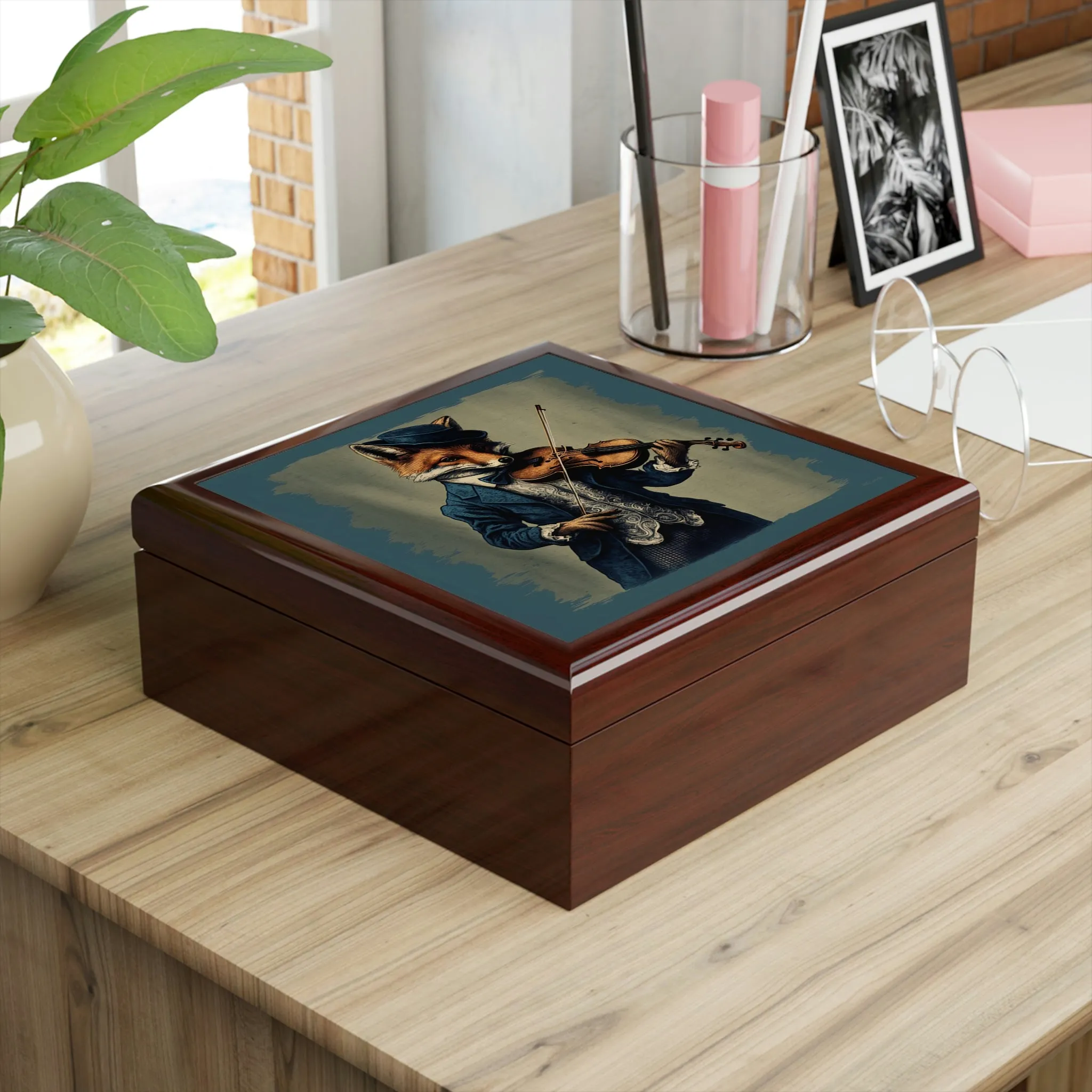 Fox Playing Violin Wood Keepsake Jewelry Box with Ceramic Tile Cover