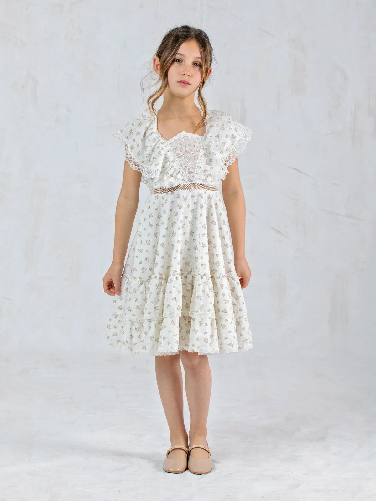 Girl's long floral dress with V-neck - LOTTIE