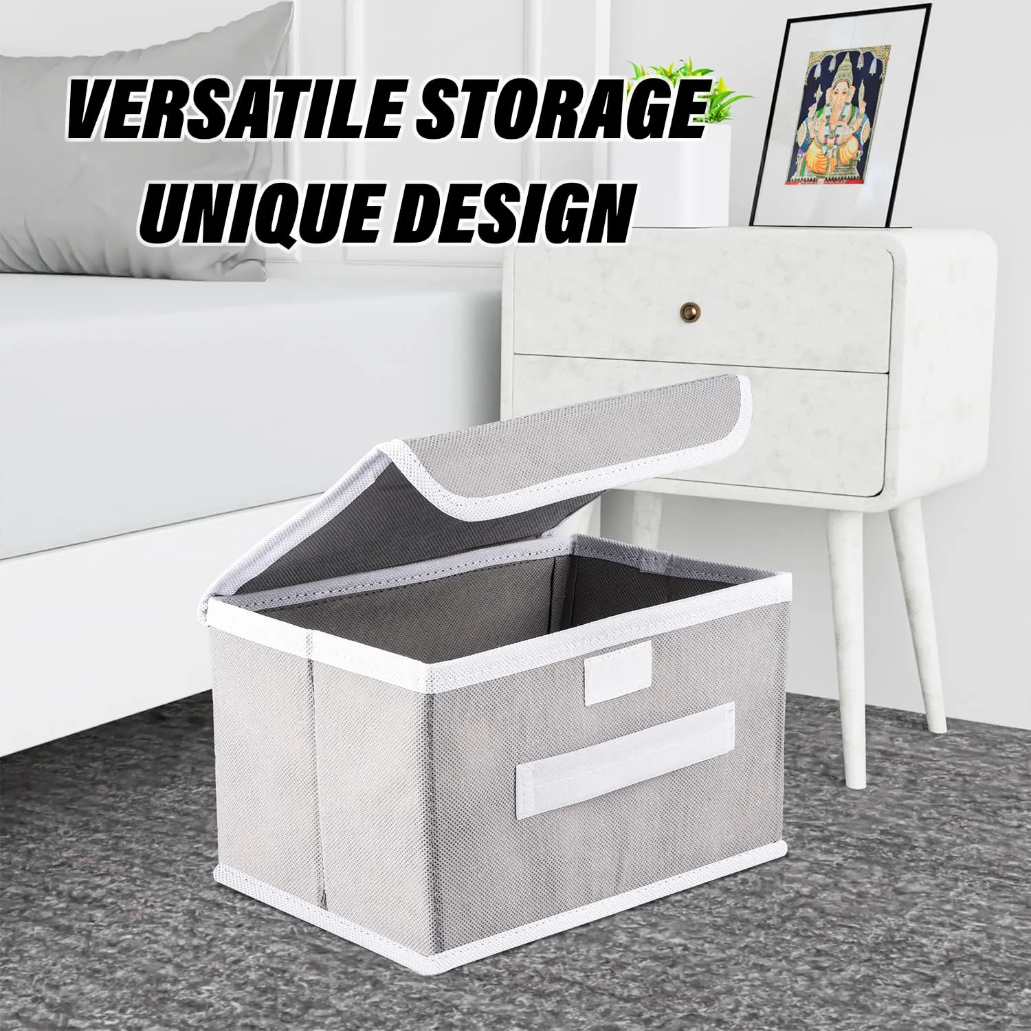 Kuber Industries Drawer Storage Box | Plain Dhakkan Storage Box | Non-Woven Clothes Organizer For Toys | Storage Box with Handle | Medium | Gray
