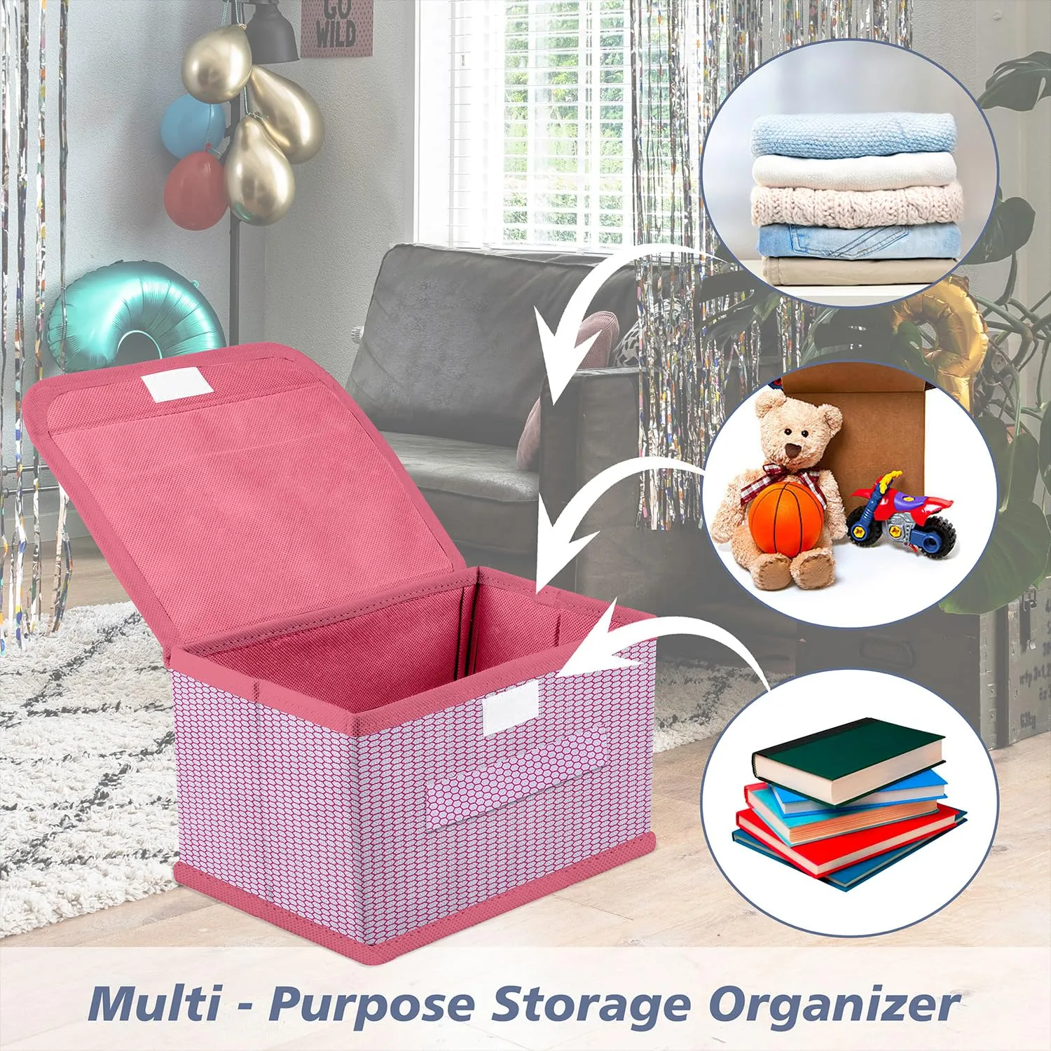 Kuber Industries Drawer Storage Box | Zig Zag Dhakkan Storage Box | Non-Woven Clothes Organizer For Toys | Storage Box with Handle | Small | Pink
