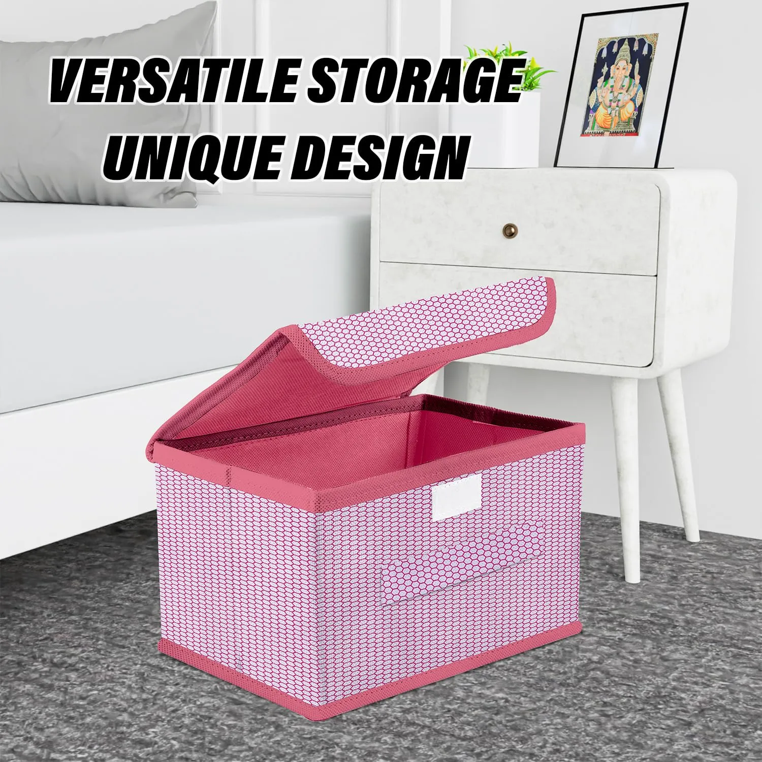 Kuber Industries Drawer Storage Box | Zig Zag Dhakkan Storage Box | Non-Woven Clothes Organizer For Toys | Storage Box with Handle | Small | Pink