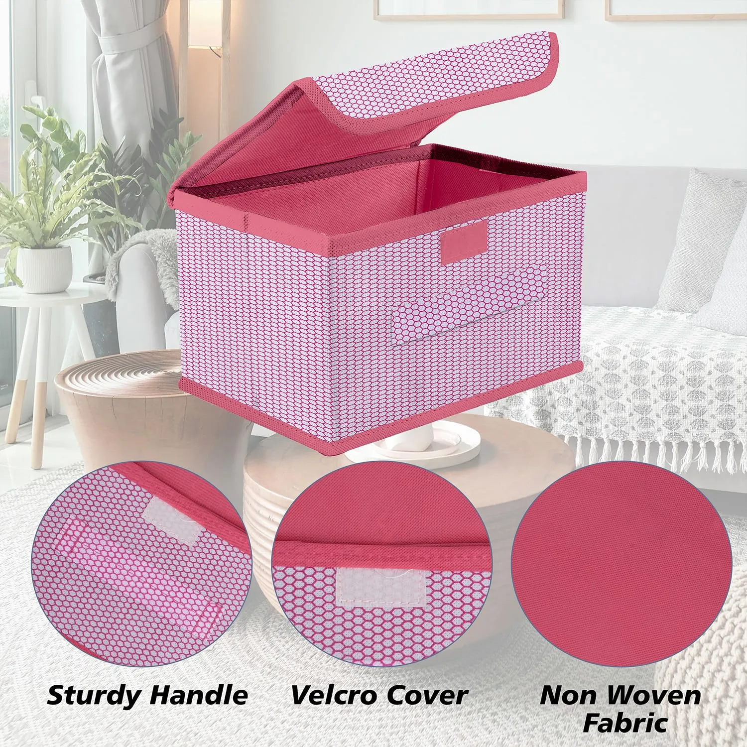 Kuber Industries Drawer Storage Box | Zig Zag Dhakkan Storage Box | Non-Woven Clothes Organizer For Toys | Storage Box with Handle | Small | Pink