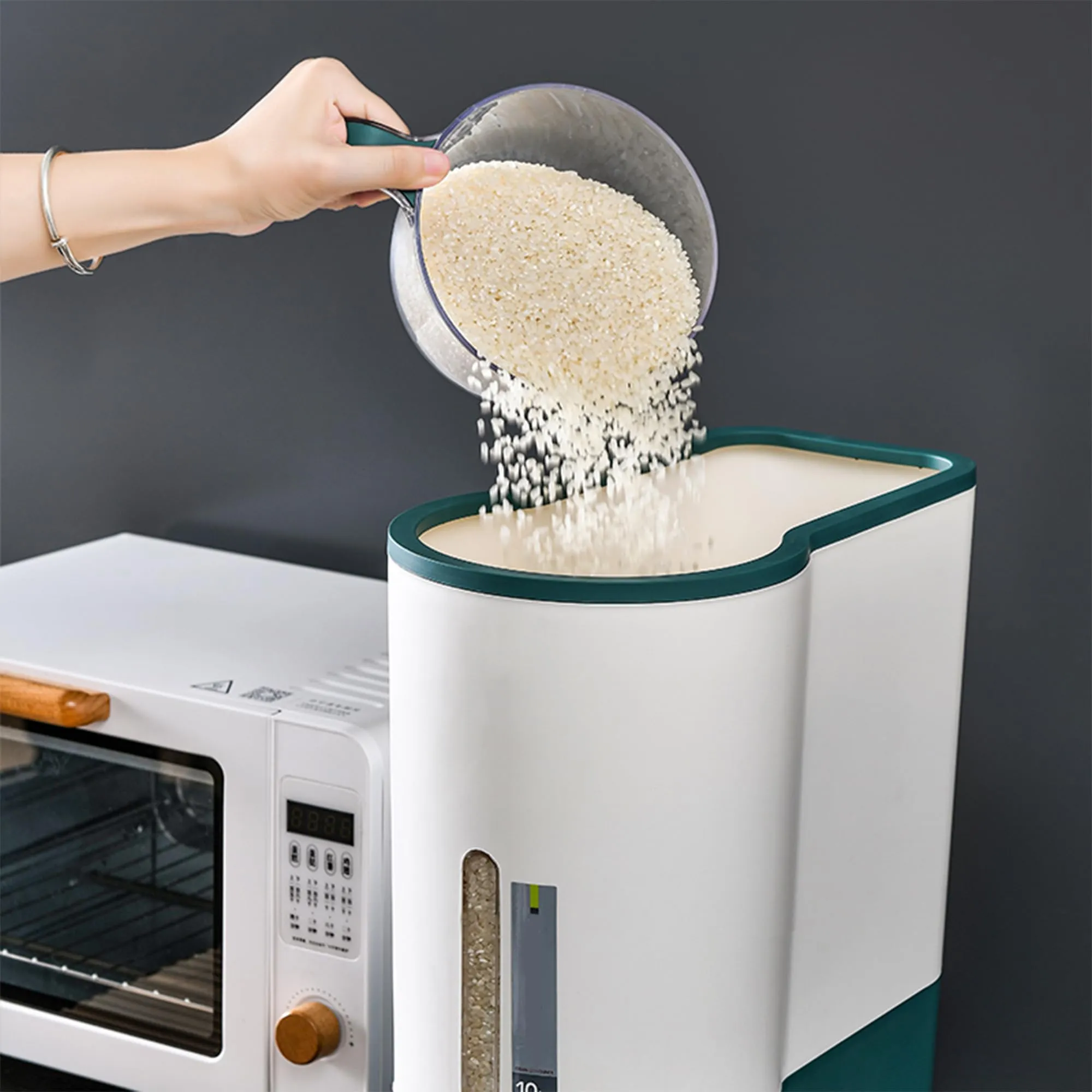 Kuber Industries Kitchen Storage Dispenser| Moisture Proof Dust Proof | Rice Cereal Dal Storage Dispenser Box| Transparent Metering Cylinder| Measurable Cup | 2021 | White