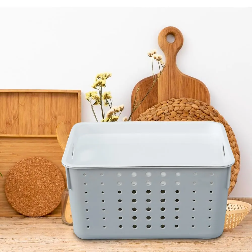 Kuber Industries Multipurpose Small Storage Basket with Lid|Dotted Design Storage Organizer|Basket For Cosmetic, Fruits, Assesories|Pack of 4|Grey|