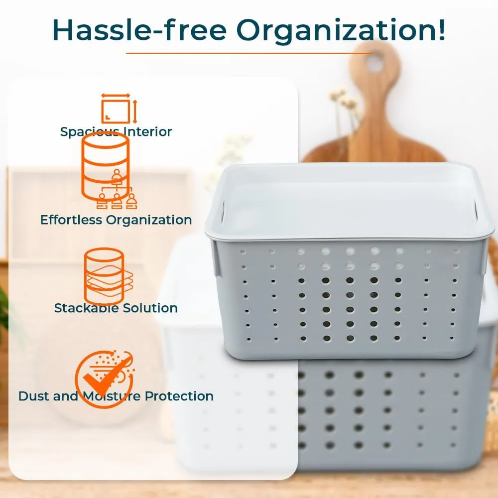 Kuber Industries Multipurpose Small Storage Basket with Lid|Dotted Design Storage Organizer|Basket For Cosmetic, Fruits, Assesories|Pack of 4|Grey|
