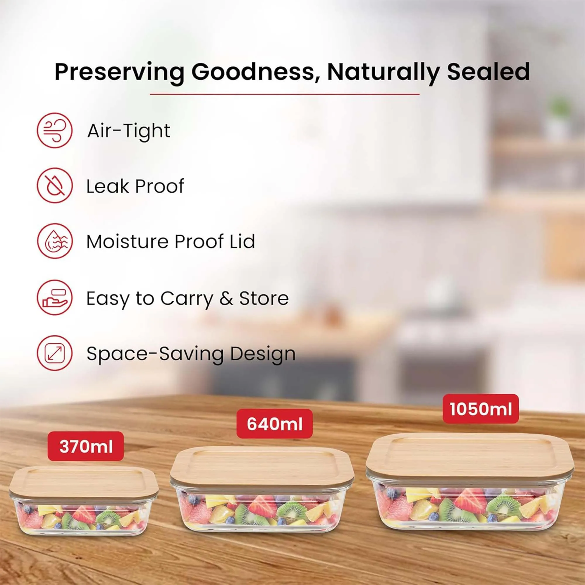 Kuber Industries Set of 3 Borosilicate Galss 1050ml, 640ml, 370ml Rectangular Food Kitchen Containers Set with Bamboo Lid | Multipurpose Storage Box for Fridge Organizers | Transparent