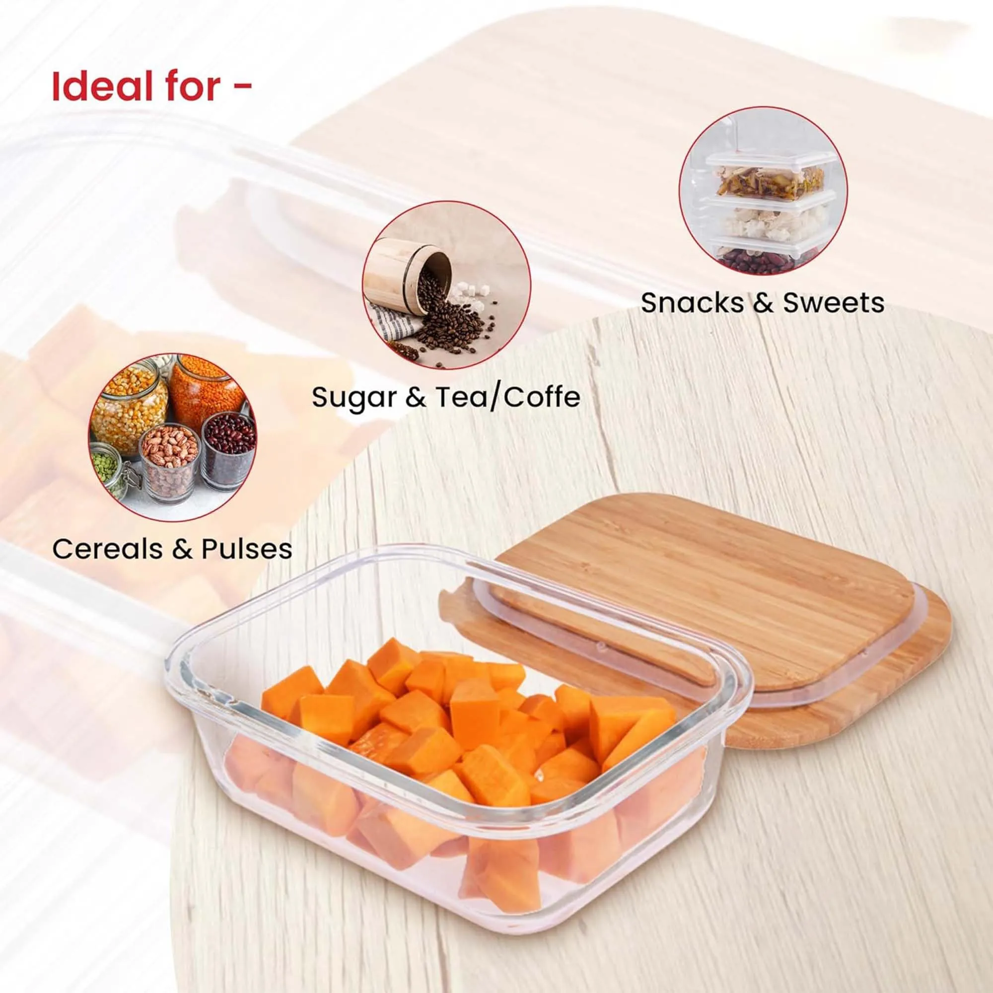 Kuber Industries Set of 3 Borosilicate Galss 1050ml, 640ml, 370ml Rectangular Food Kitchen Containers Set with Bamboo Lid | Multipurpose Storage Box for Fridge Organizers | Transparent