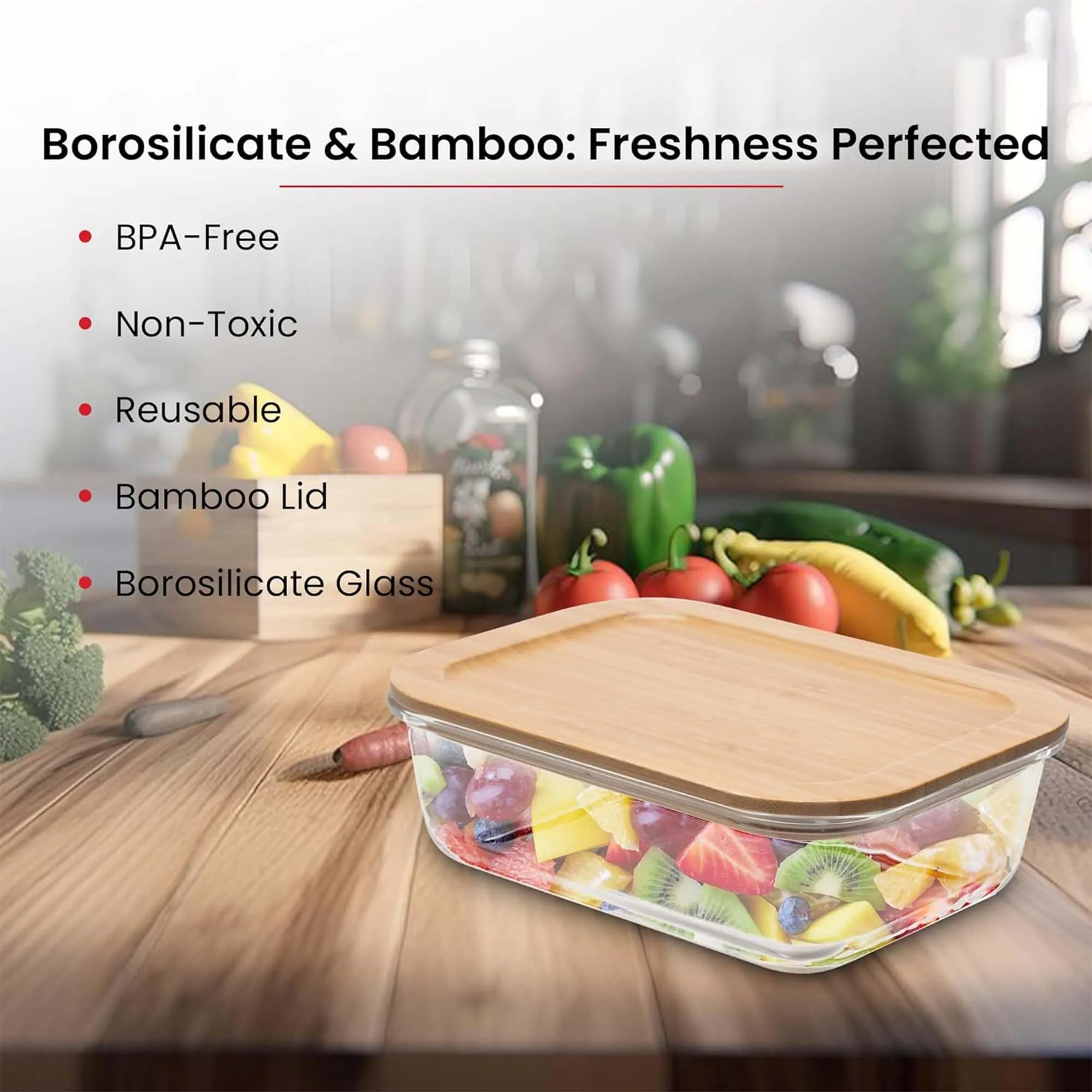 Kuber Industries Set of 3 Borosilicate Galss 1050ml, 640ml, 370ml Rectangular Food Kitchen Containers Set with Bamboo Lid | Multipurpose Storage Box for Fridge Organizers | Transparent