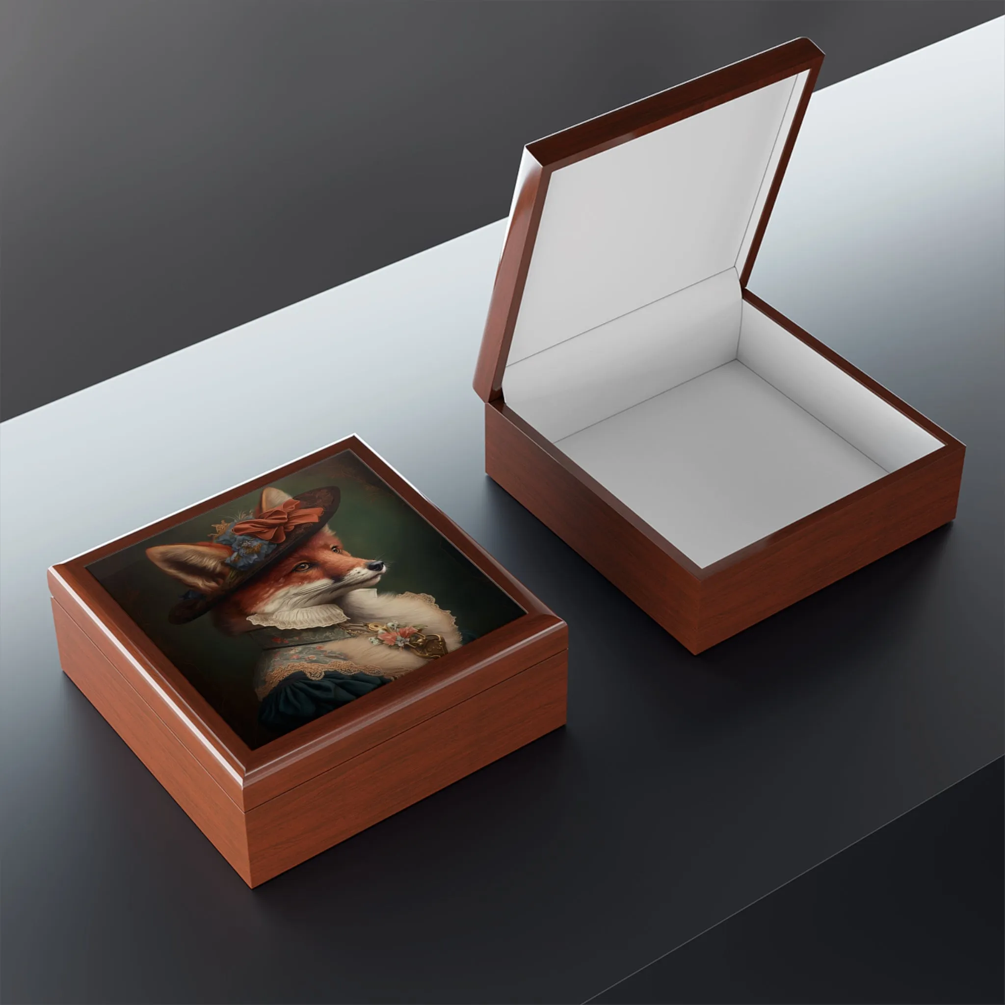 Lady Fox Wood Keepsake Jewelry Box with Ceramic Tile Cover