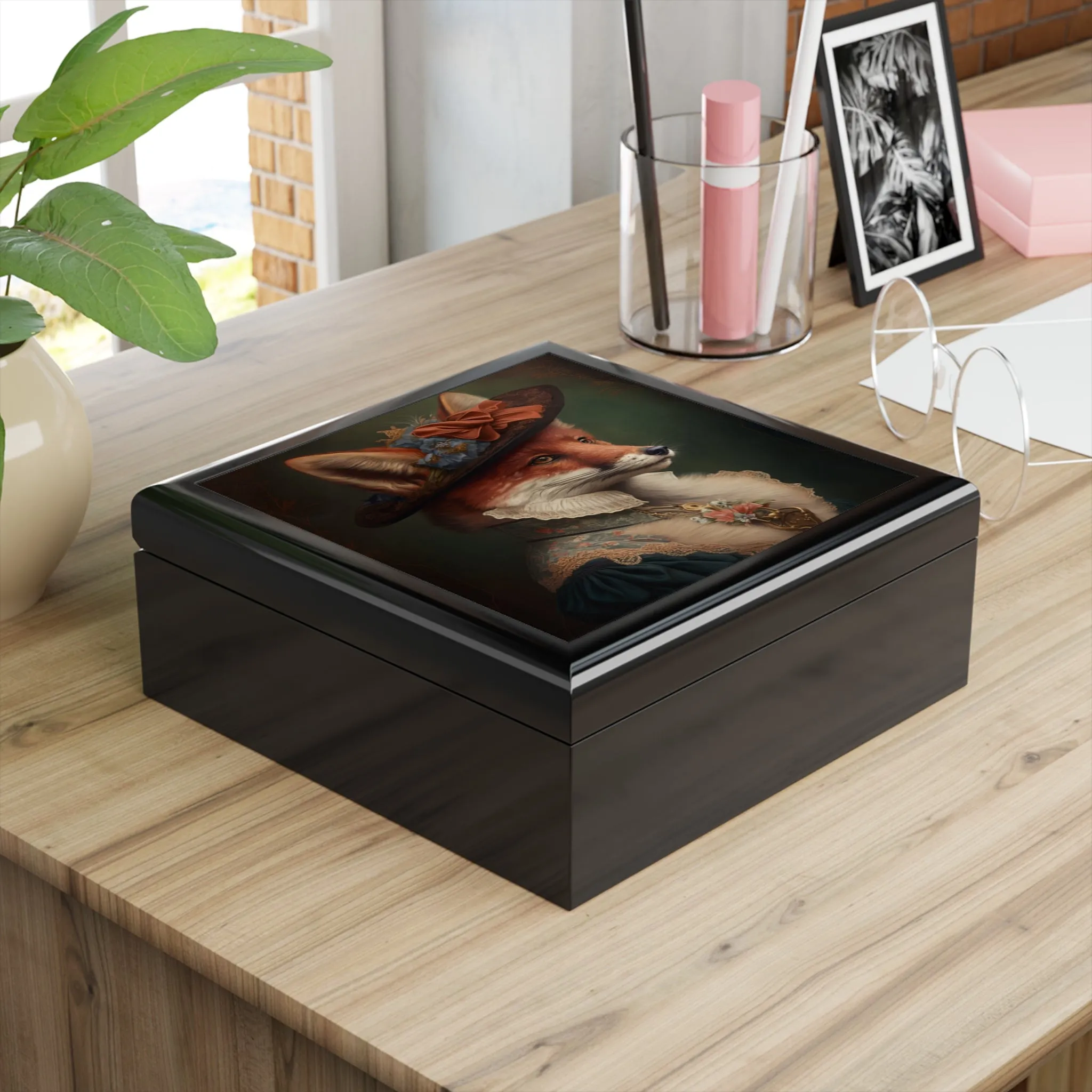 Lady Fox Wood Keepsake Jewelry Box with Ceramic Tile Cover