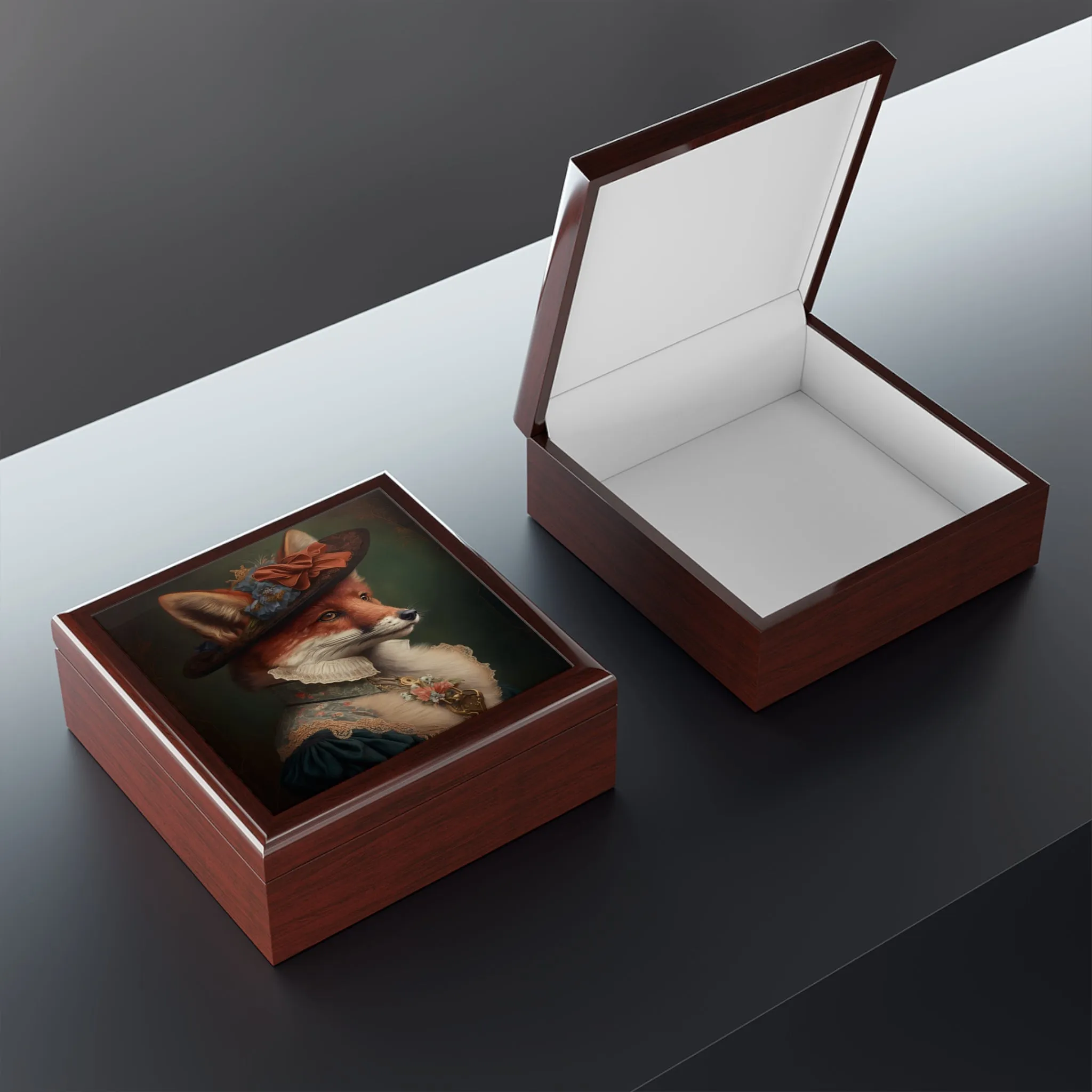 Lady Fox Wood Keepsake Jewelry Box with Ceramic Tile Cover