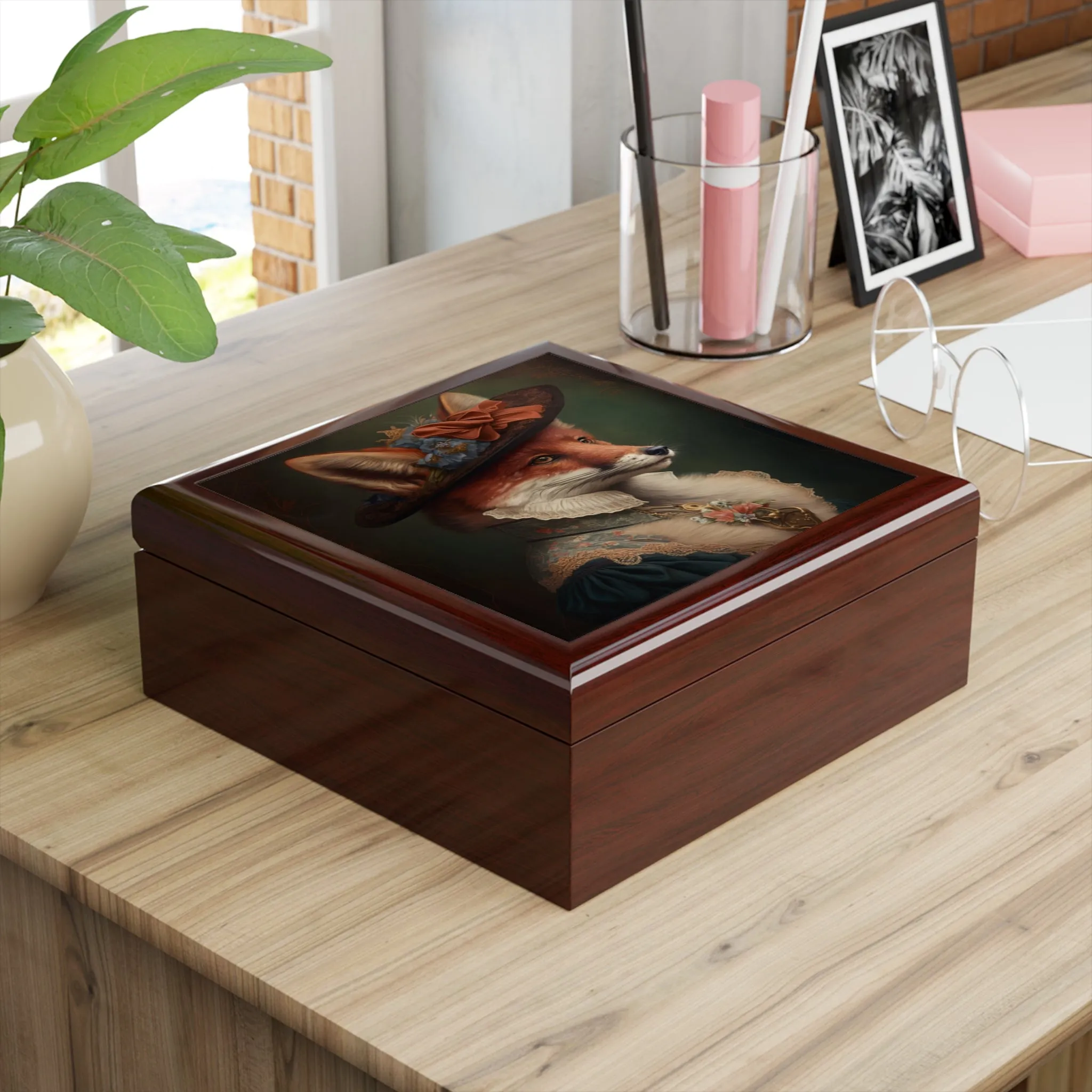 Lady Fox Wood Keepsake Jewelry Box with Ceramic Tile Cover