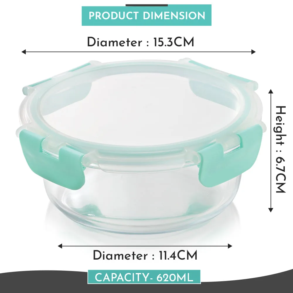 Magnus Glock Glass Food Round Container with Break-Free Detachable Lock, 620ML Borosilicate Glass, Oven & Microwave Safe Lunch Box, Kitchen Essentials for Office Men | Green