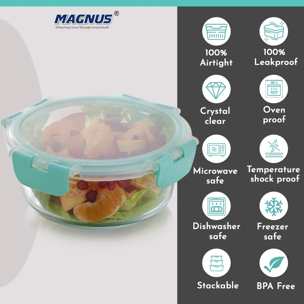 Magnus Glock Glass Food Round Container with Break-Free Detachable Lock, 620ML Borosilicate Glass, Oven & Microwave Safe Lunch Box, Kitchen Essentials for Office Men | Green