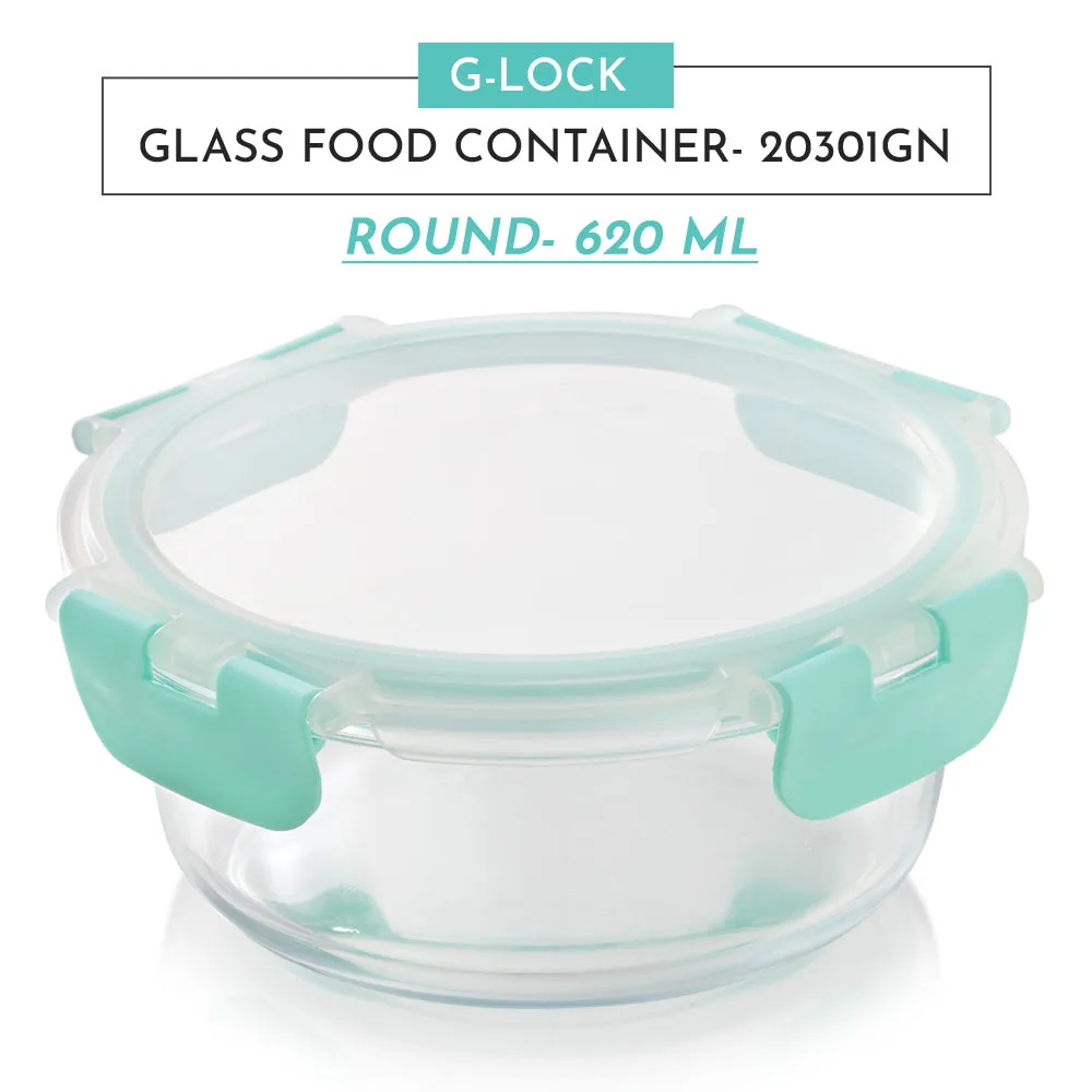 Magnus Glock Glass Food Round Container with Break-Free Detachable Lock, 620ML Borosilicate Glass, Oven & Microwave Safe Lunch Box, Kitchen Essentials for Office Men | Green