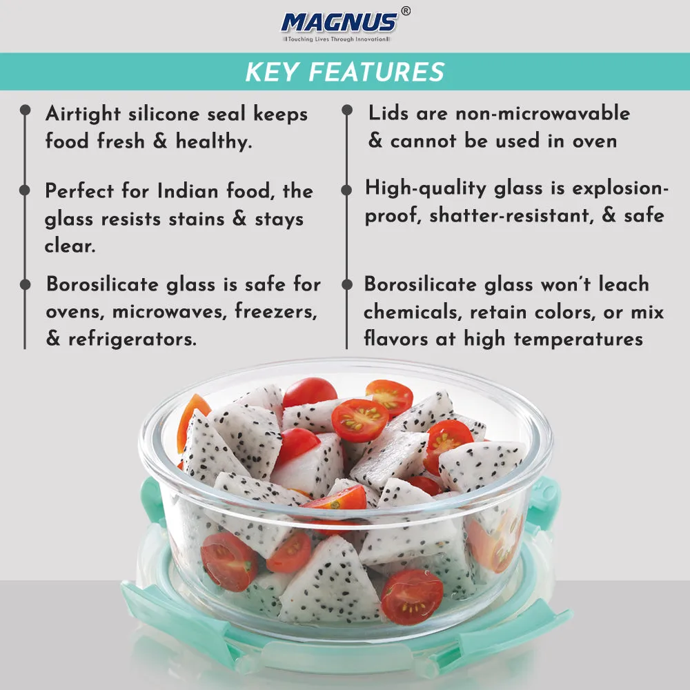 Magnus Glock Glass Food Round Container with Break-Free Detachable Lock, 620ML Borosilicate Glass, Oven & Microwave Safe Lunch Box, Kitchen Essentials for Office Men | Green